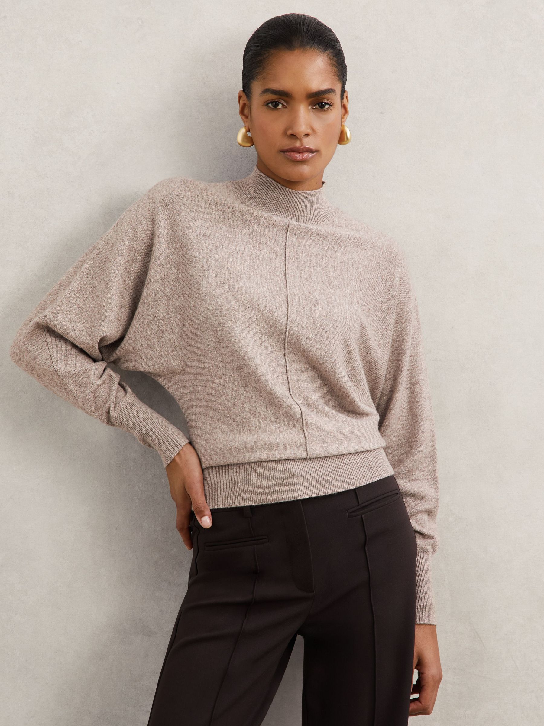 Wool-Blend Funnel-Neck Batwing Jumper with Cashmere in Neutral (H57227) | £98