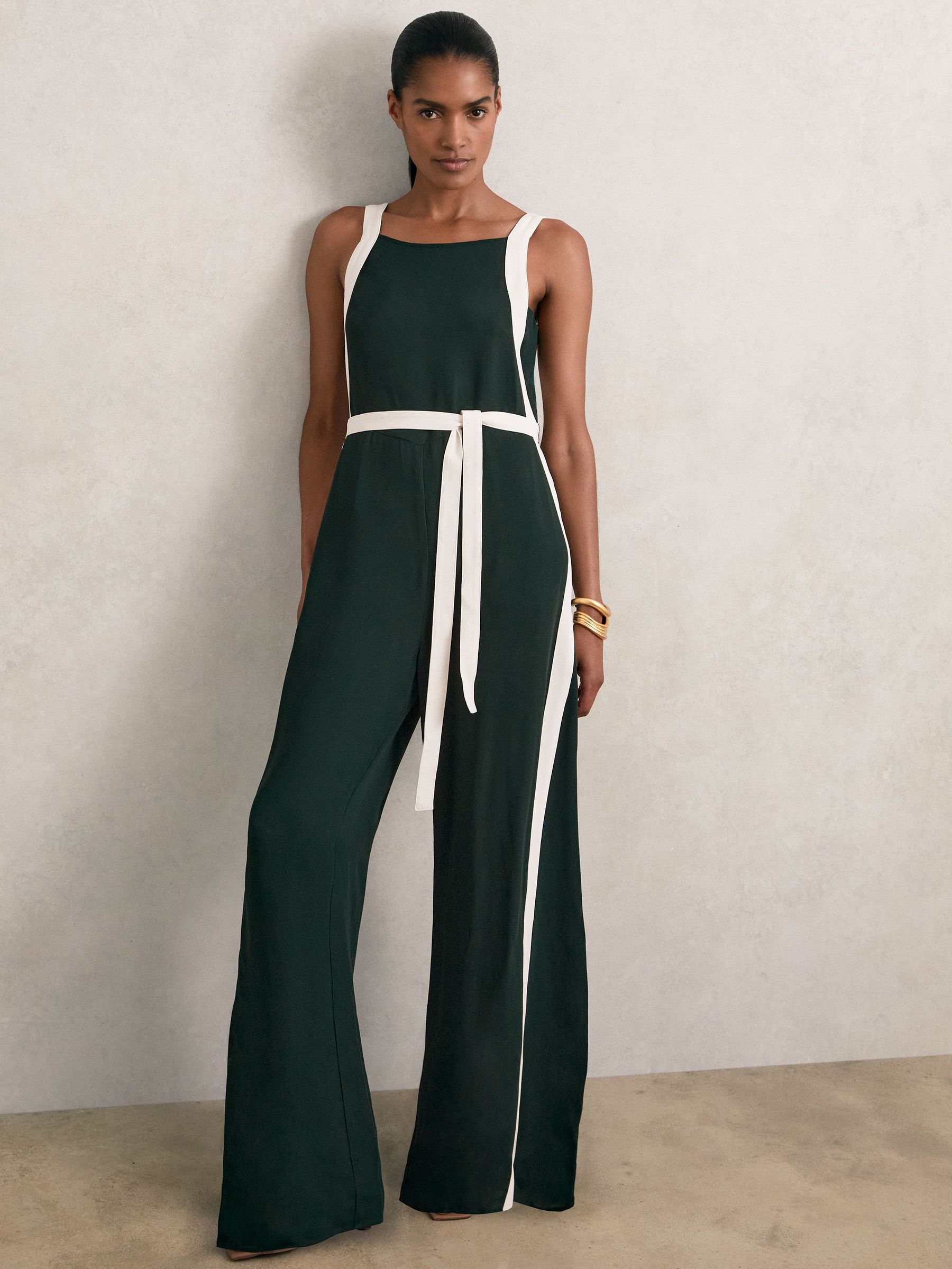 Petite Colourblock Wide Leg Belted Jumpsuit in Dark Green/Cream (H57236) | £270