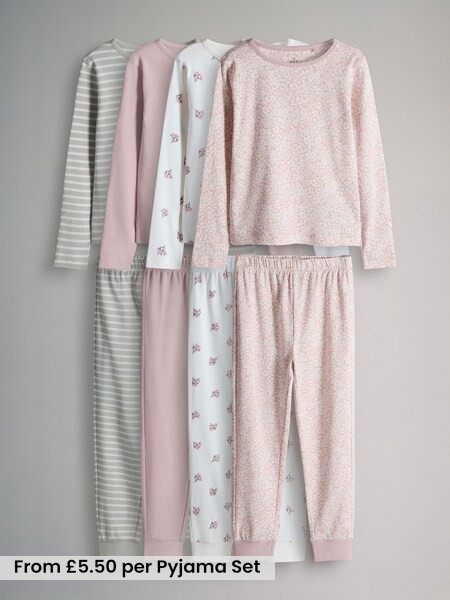 Pink/White - 4 Pack Snuggle Fit Cotton Jersey Pyjamas Set (H58336) | £22 - £26