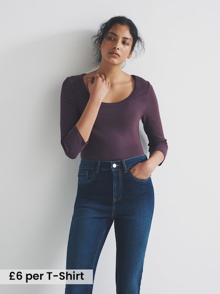 Brown/Purple/Pink/White - 4 Pack Scoop Neck 3/4 Sleeve Ribbed T-Shirts (H58619) | £24