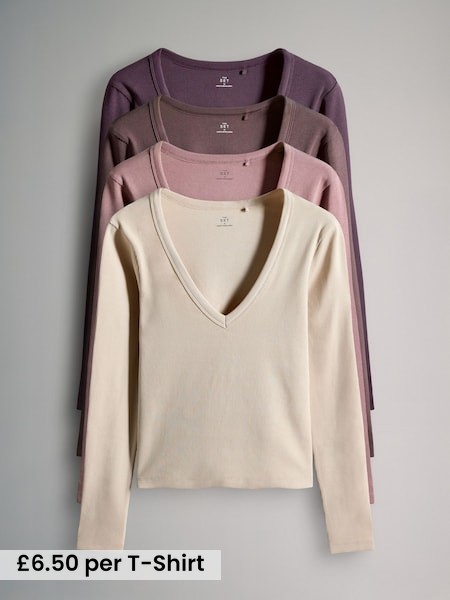 4 Pack Deep V-Neck Long Sleeve Ribbed T-Shirts (H58620) | £26