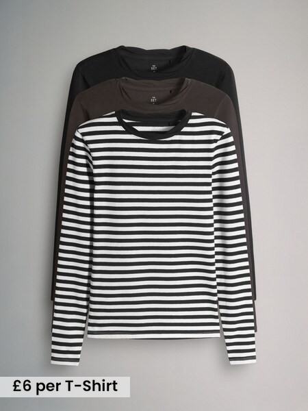 Twist Neck Detail Long Sleeve Ribbed T-shirt 3 Pack (H58627) | £18