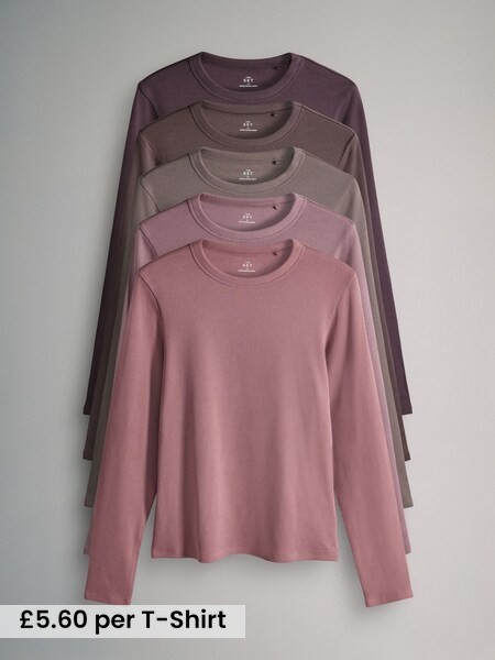 Purple/Light Purple/Pink/Brown/Stripe/Brown - 5 Pack Ribbed Long Sleeve T-Shirts (H58628) | £28