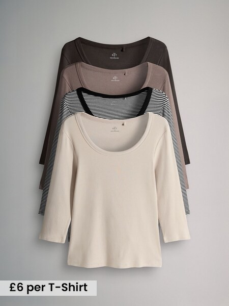 Stripe/Chocolate/Taupe Brown/Stone - 4 Pack Scoop Neck 3/4 Sleeve Ribbed T-Shirts (H58631) | £24
