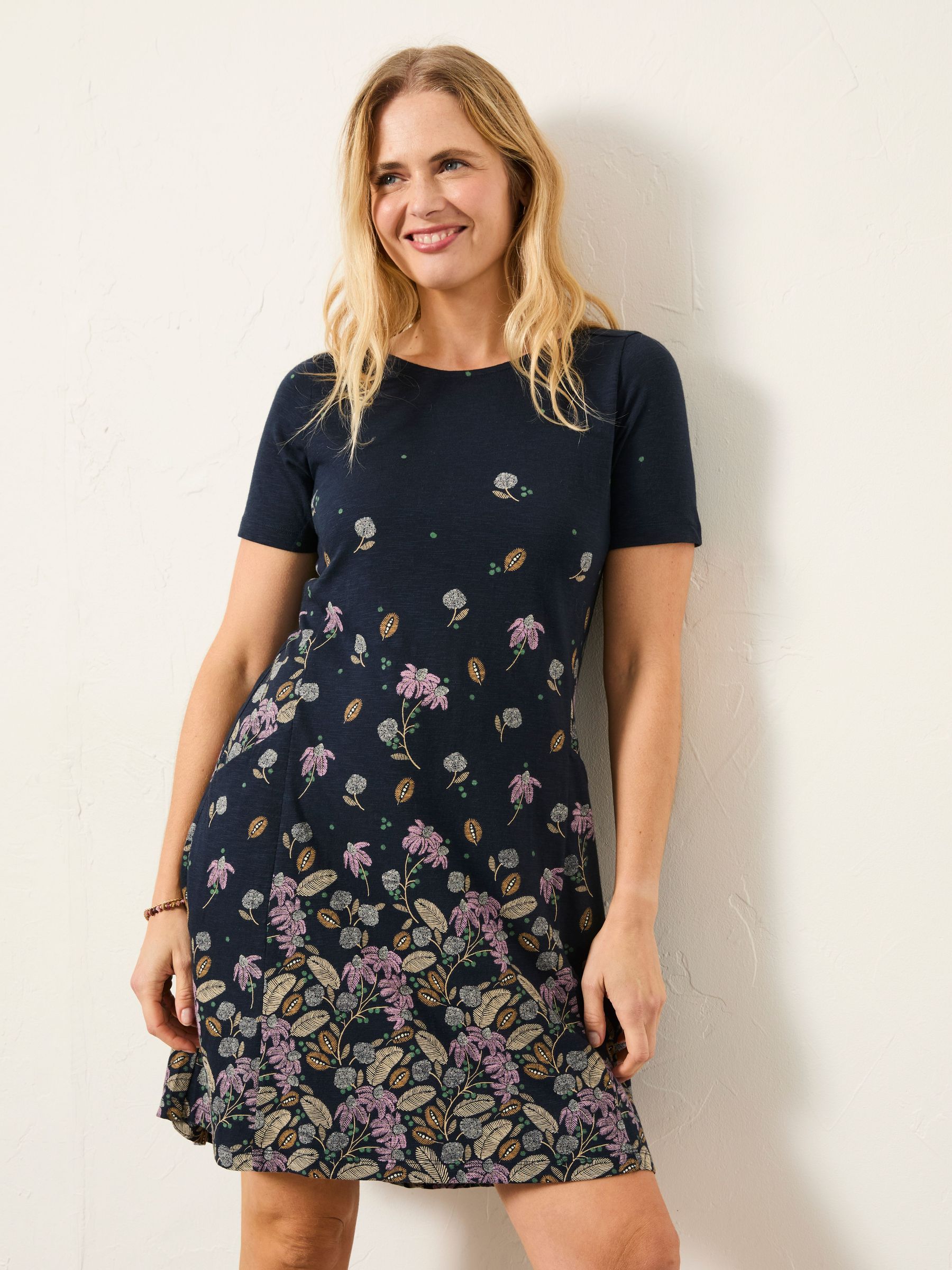 Simone Dark Navy Leaves Regular Jersey Dress (H59276) | £49.50