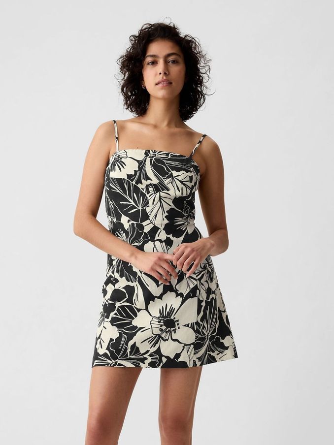 Black / Cream Floral Linen-Blend Mini Dress (H59789) | £24