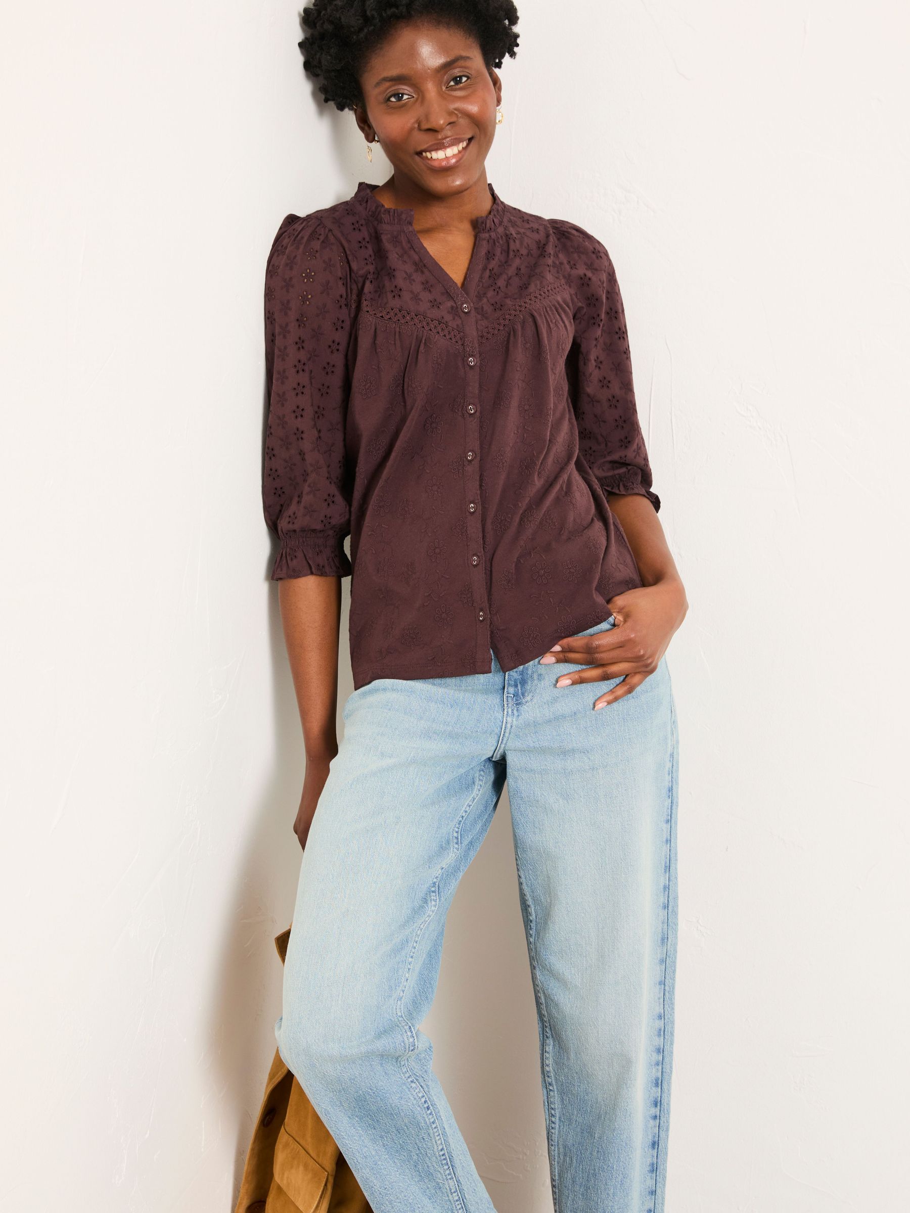 Claire Chocolate Brown Broderie Top (H60075) | £39.50