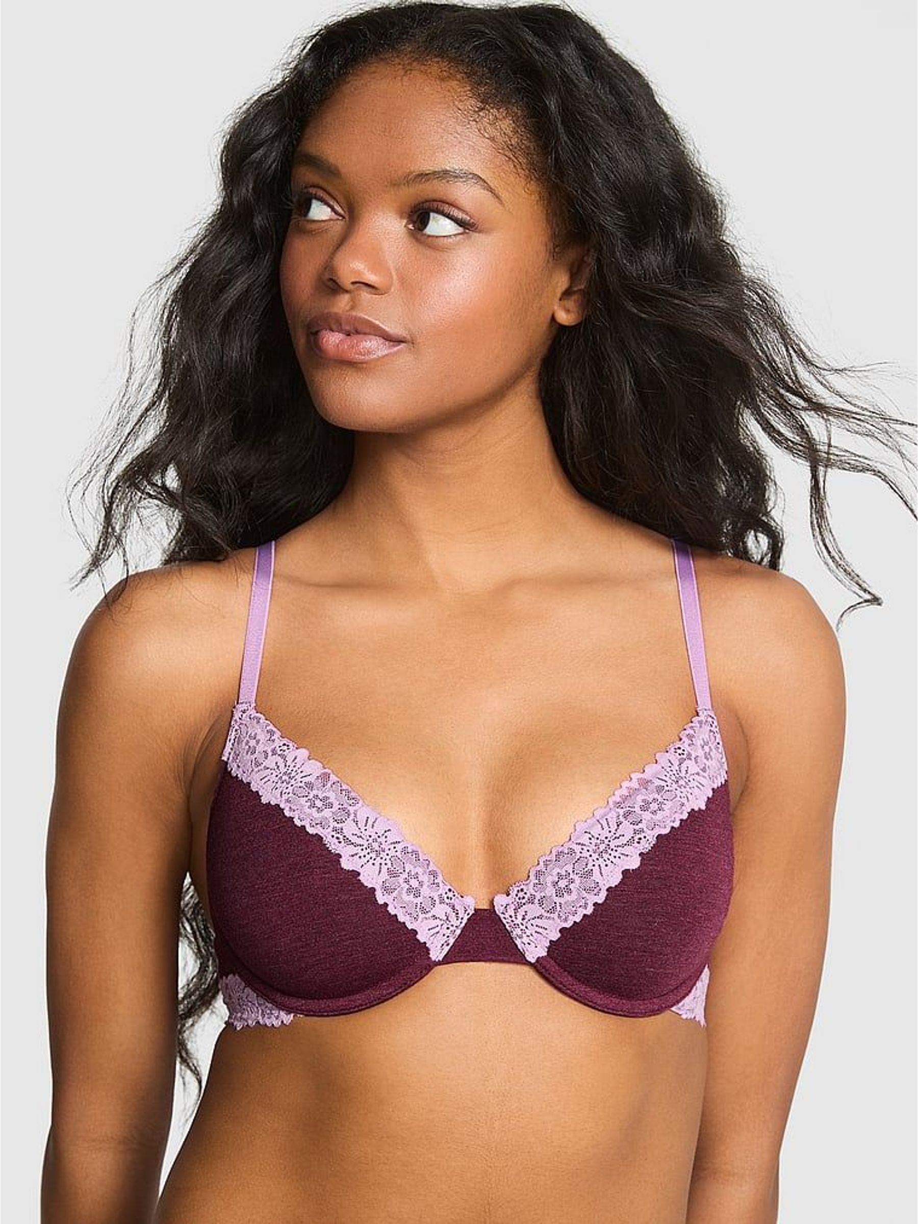 Burgandy Red Lightly Lined Cotton Heather Lace Trim Bra (H60312) | £29