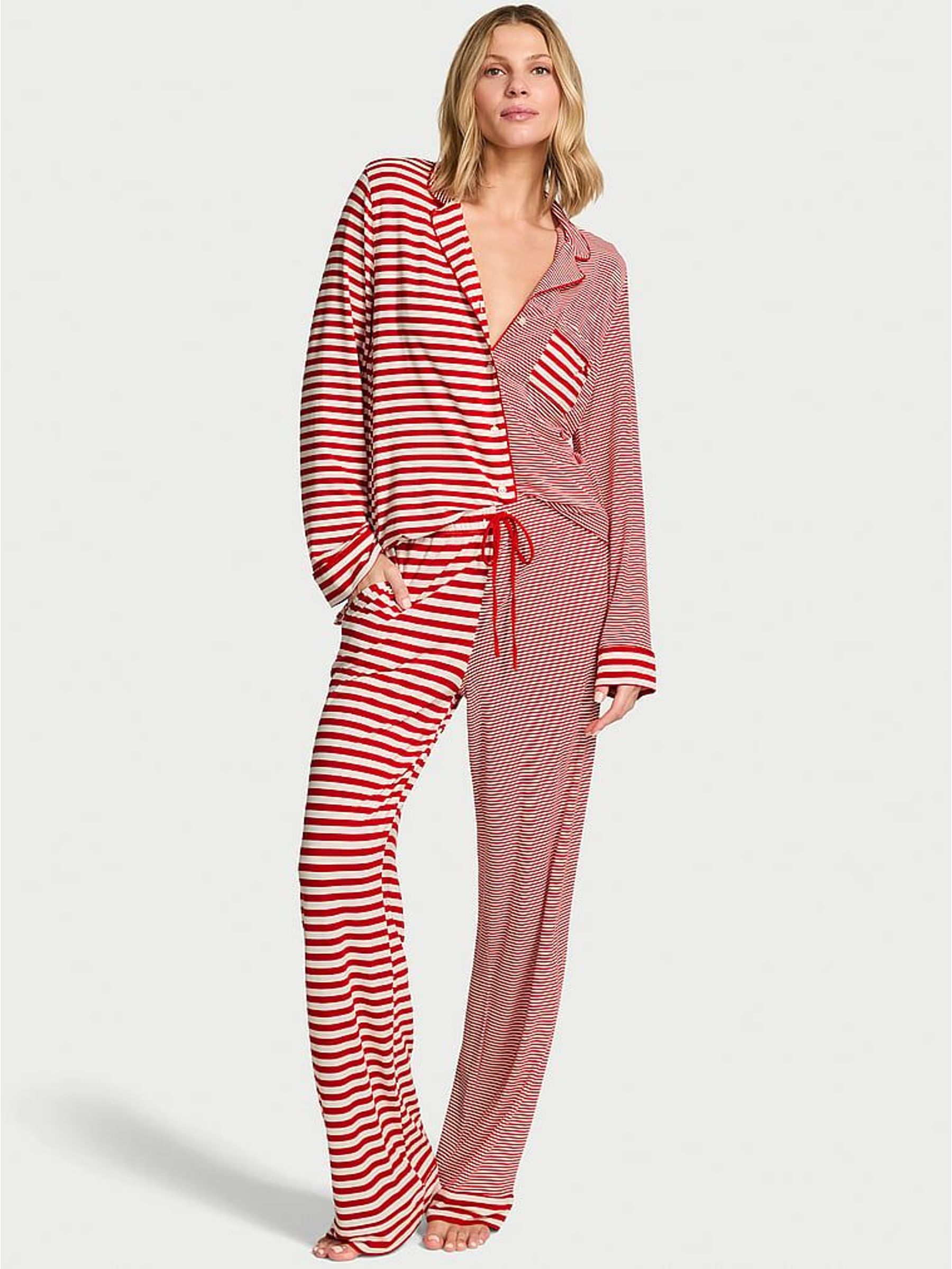 Lipstick Red & White Stripe Modal Long Pyjamas Set (H60318) | £69