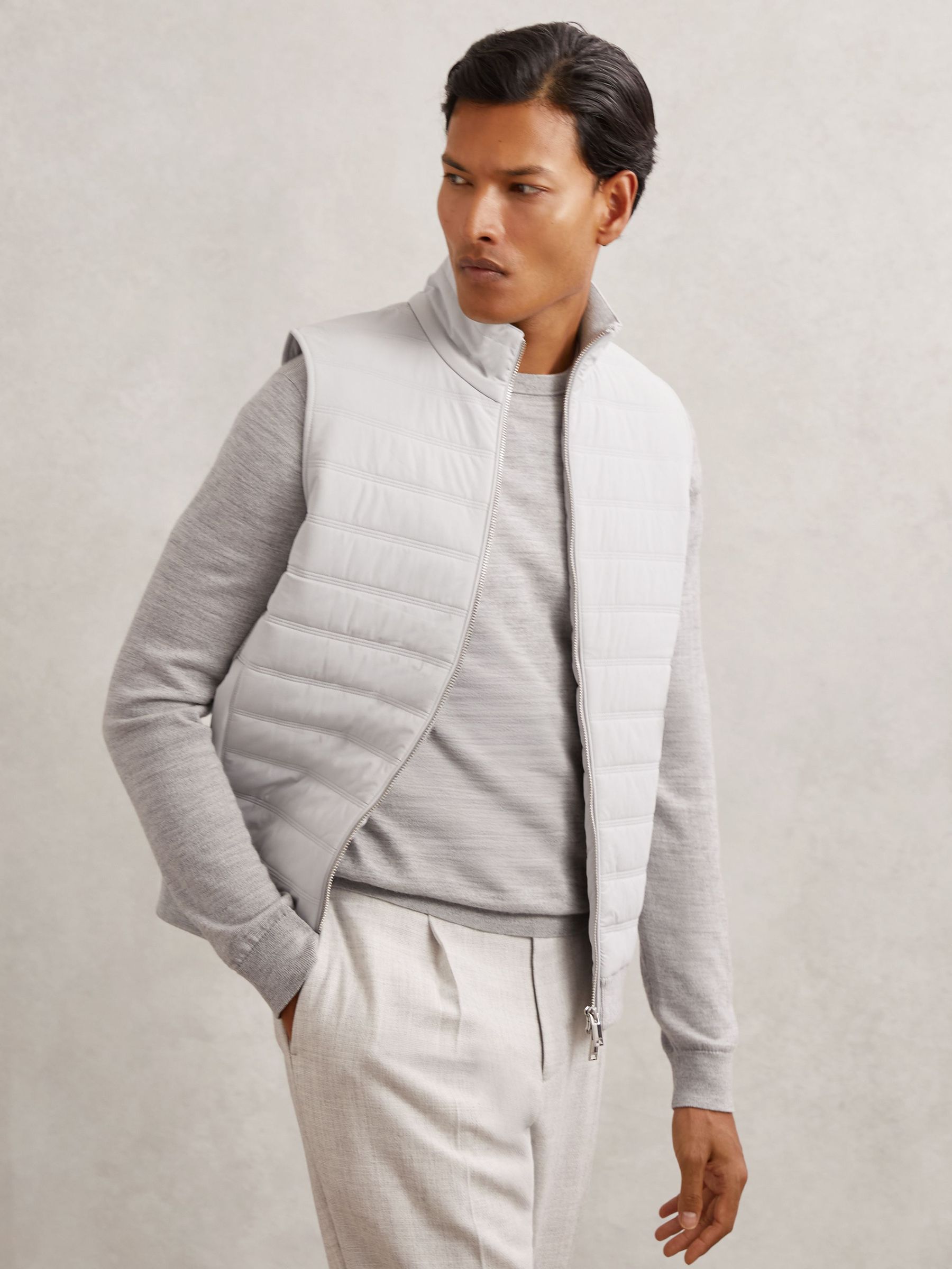 Funnel-Neck Quilted Knit Gilet in Soft Grey (H60487) | £138
