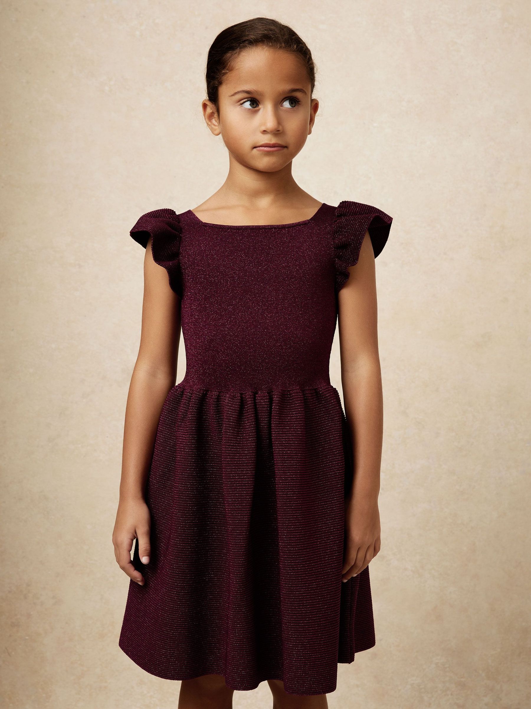 9-13 yrs Stretch Metallic Frill-Sleeve Dress in Berry (H60490) | £71
