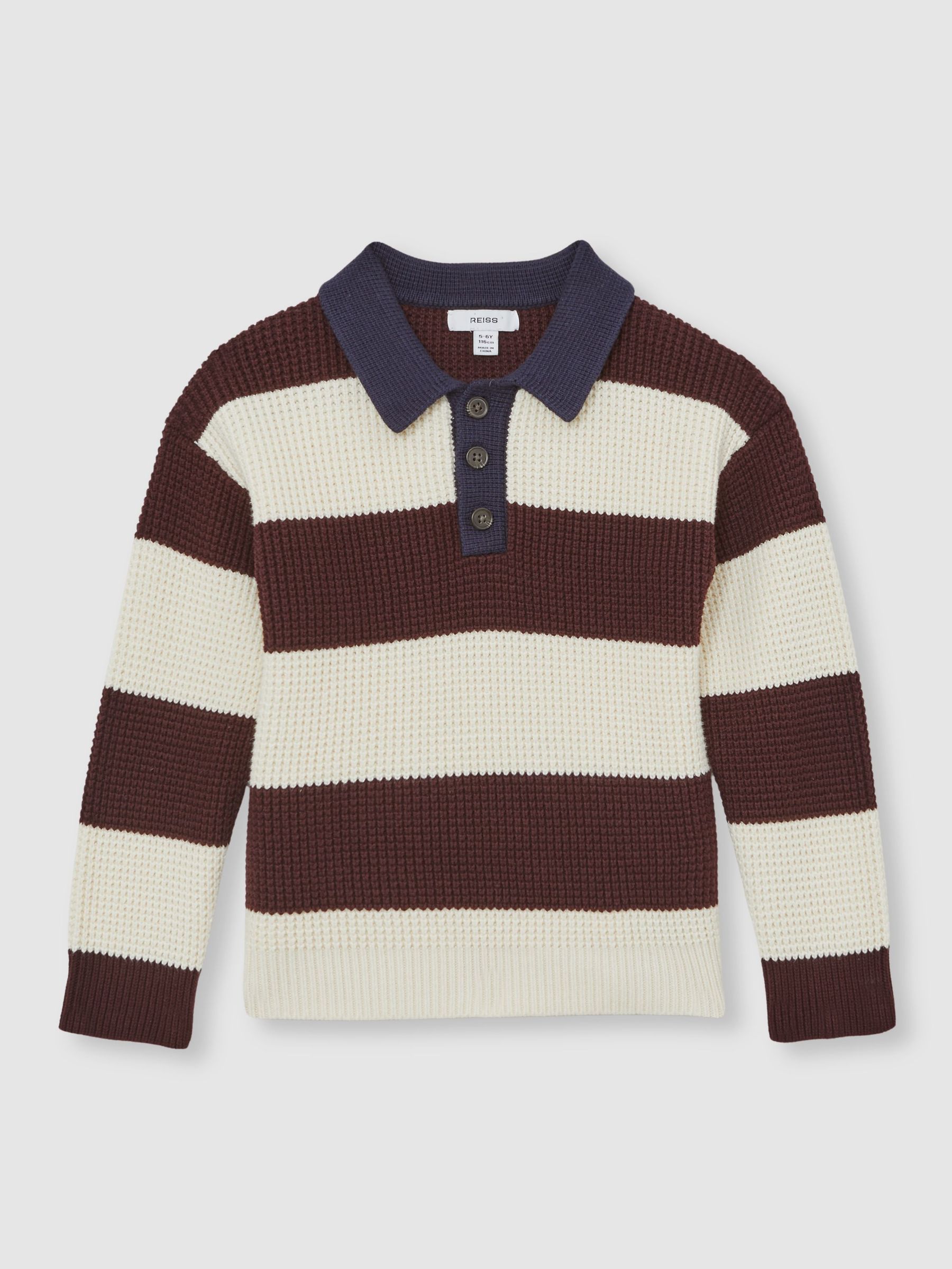 13-14 yrs Cotton-Blend Rugby Stripe Polo Jumper in Brown/ Off White/ Navy Blue (H60842) | £48