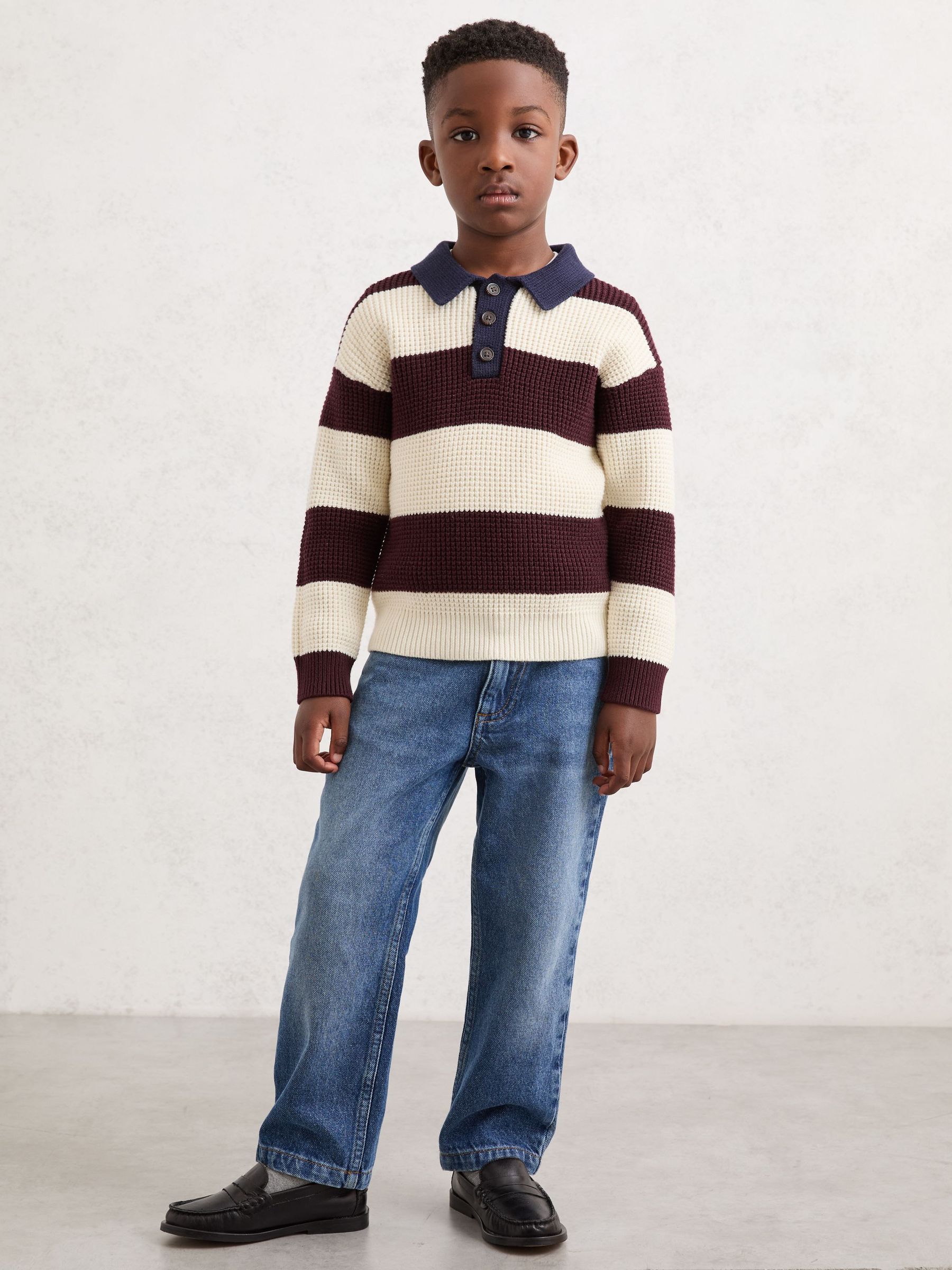 3-9 yrs Cotton-Blend Rugby Stripe Polo Jumper in Brown/ Off White/ Navy Blue (H60845) | £42
