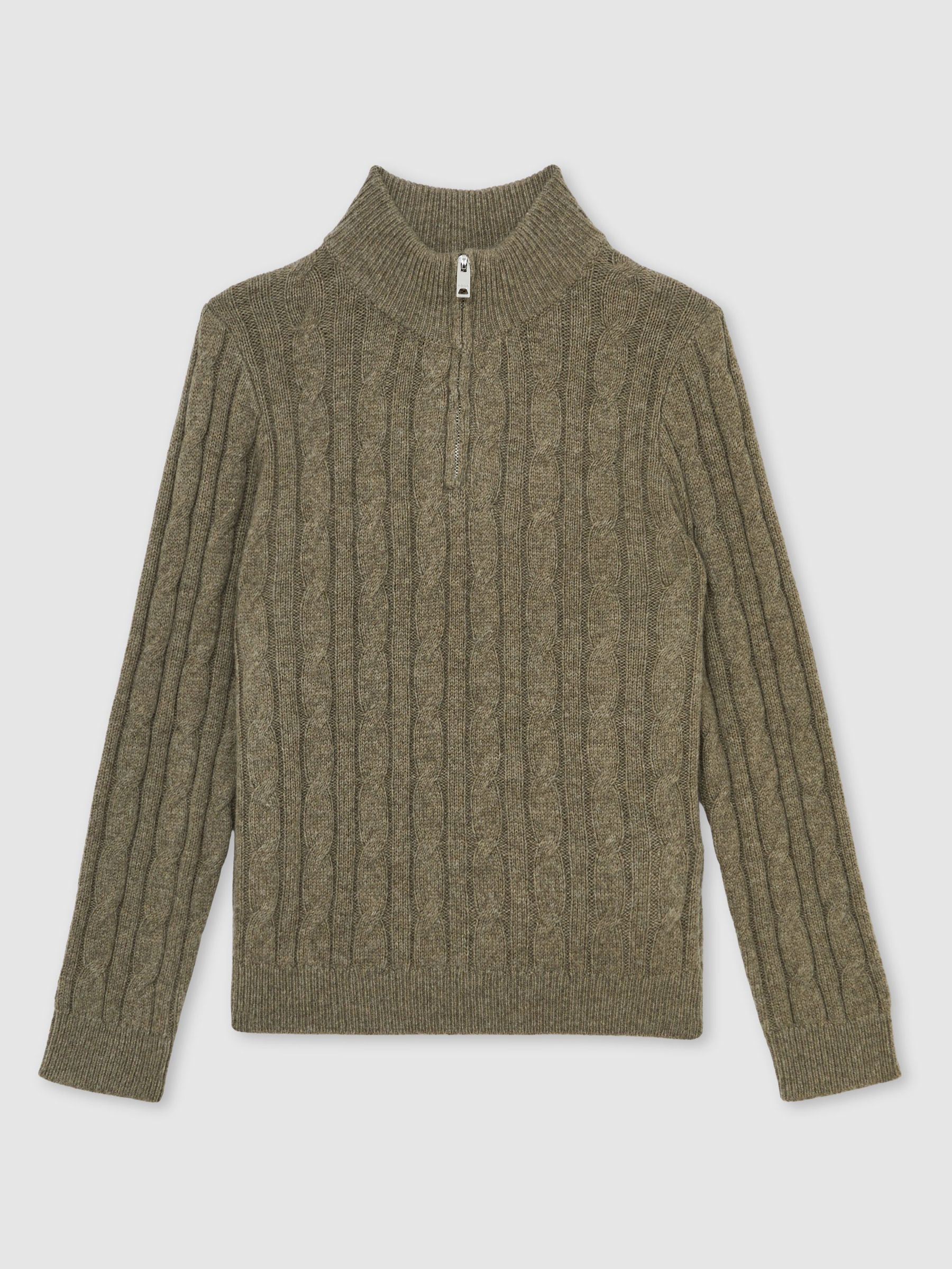 Wool-Blend Half-Zip Cable Knit Jumper in Sage Green (H60851) | £50