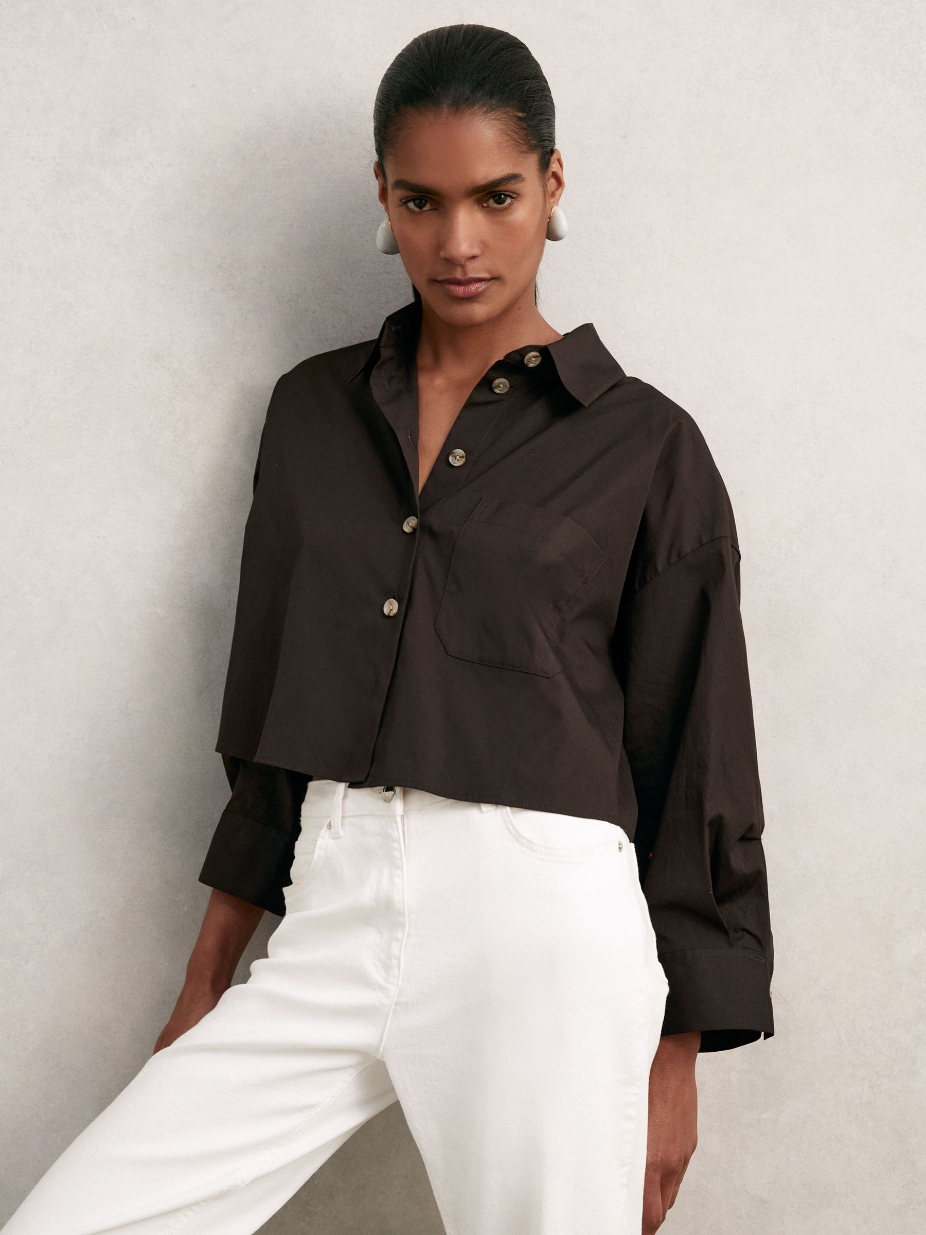 Oversize Cotton Cropped Shirt in Chocolate Brown (H60861) | £88