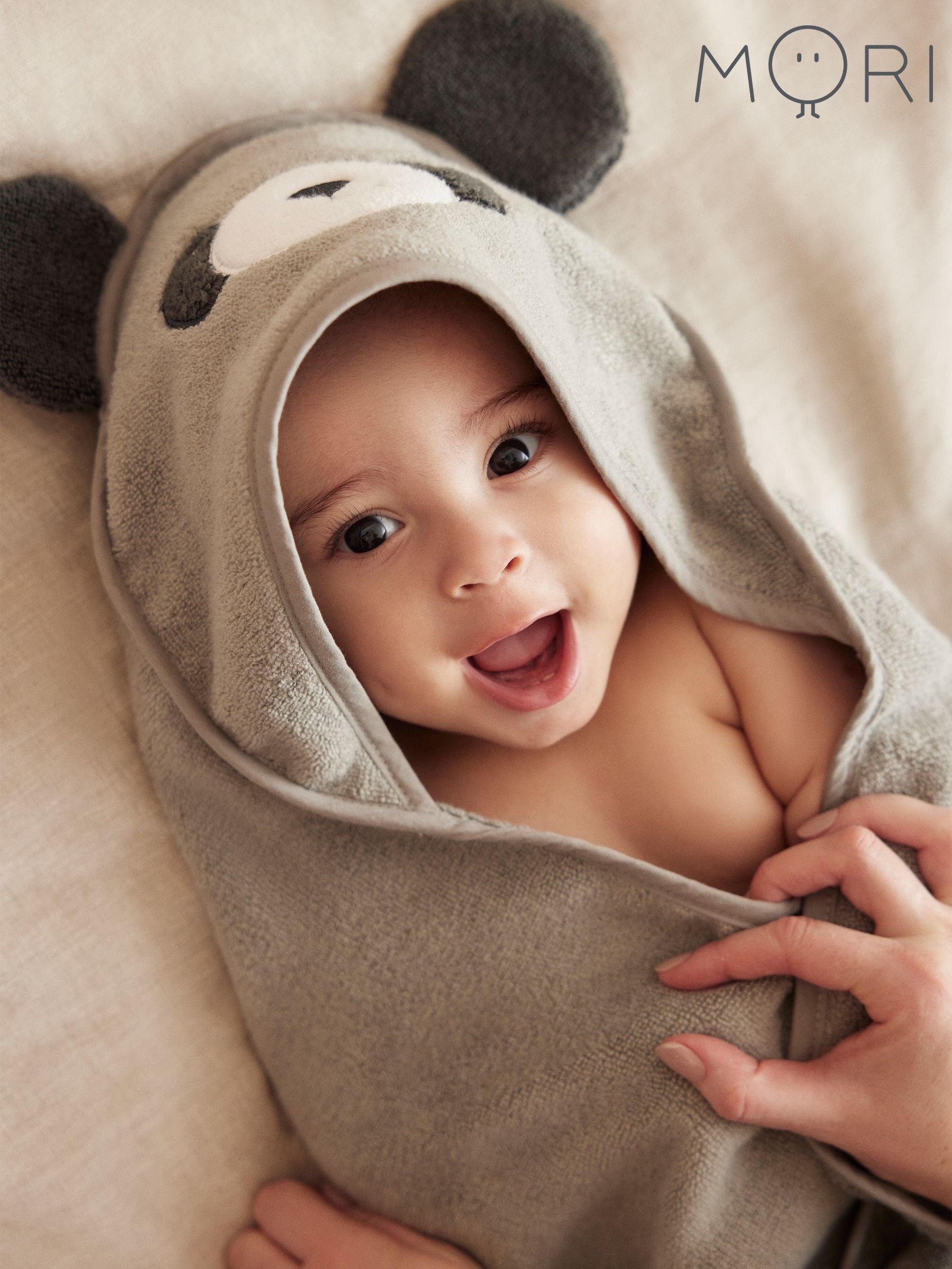 MORI Grey Baby Panda Hooded Towel (H61354) | £30