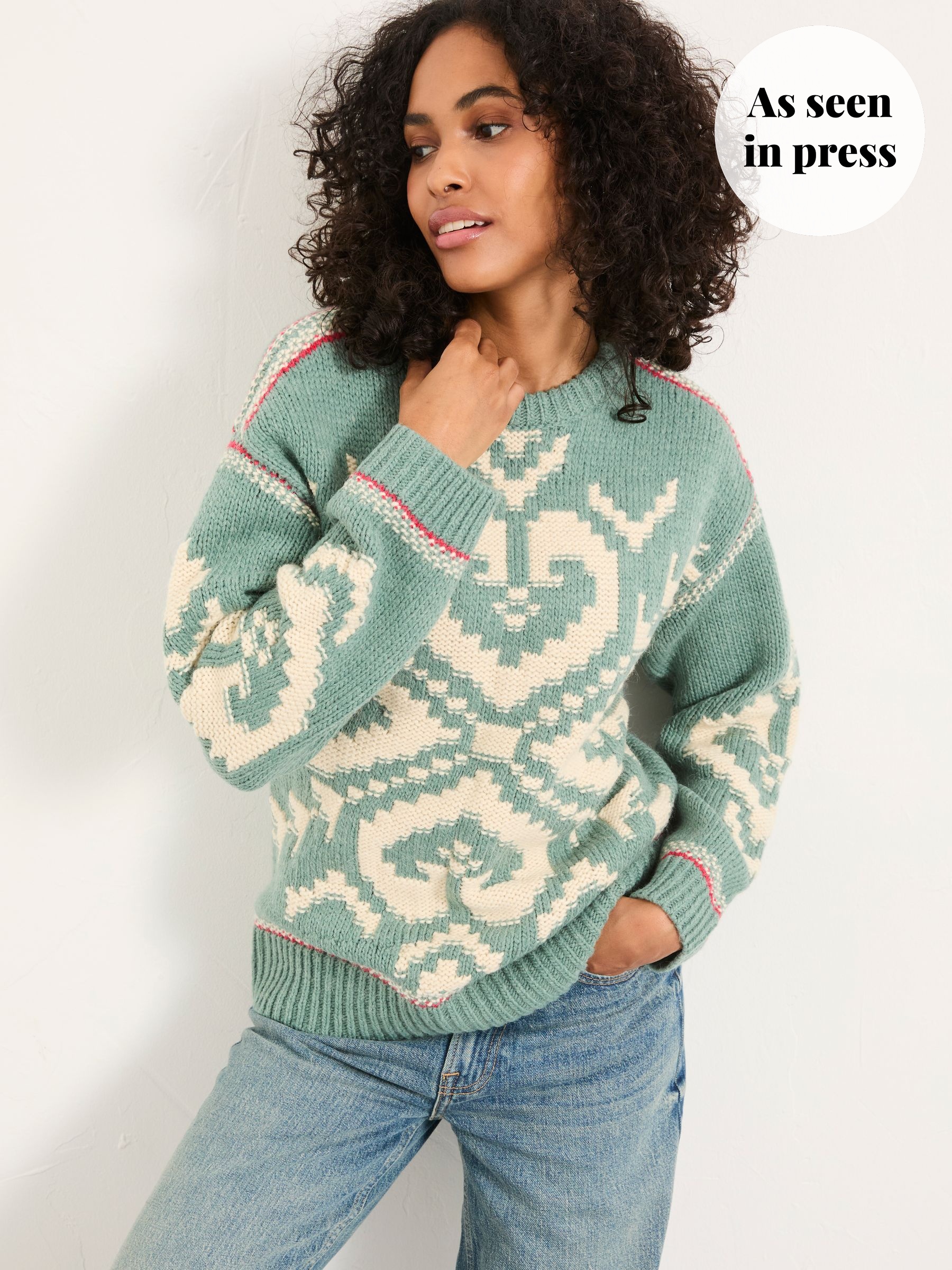Teal Blue Aspen Snowflake Crew Neck Knitted Jumper (H62542) | £62