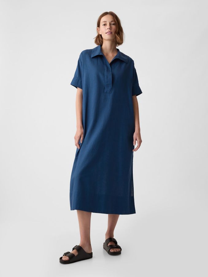 Blue Linen-Cotton Short Sleeve Maxi Dress (H62658) | £29