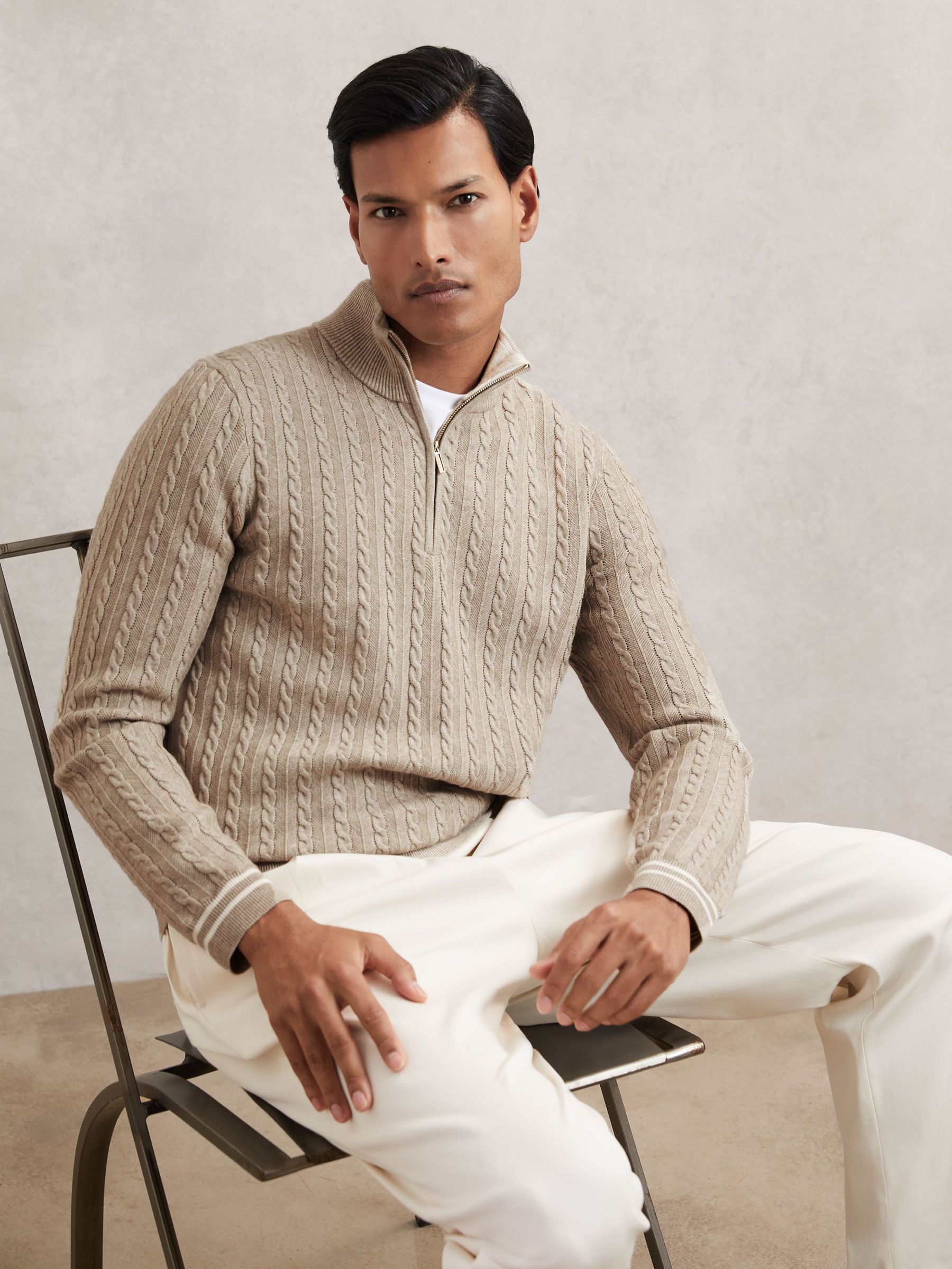 Half-Zip Cable Knit Jumper With Wool in Oatmeal Brown (H62742) | £120