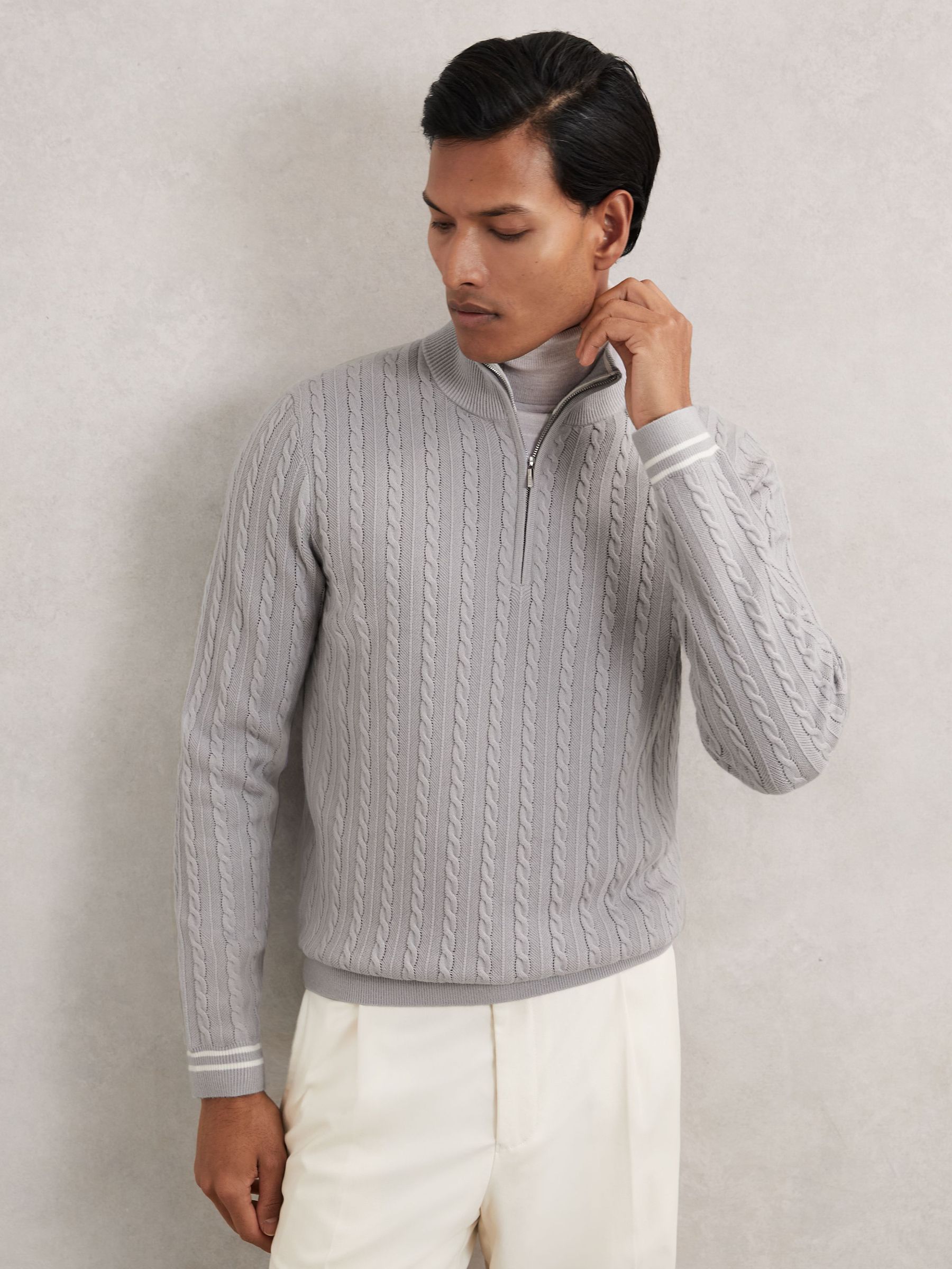 Half-Zip Cable Knit Jumper With Wool in Soft Blue (H62761) | £120