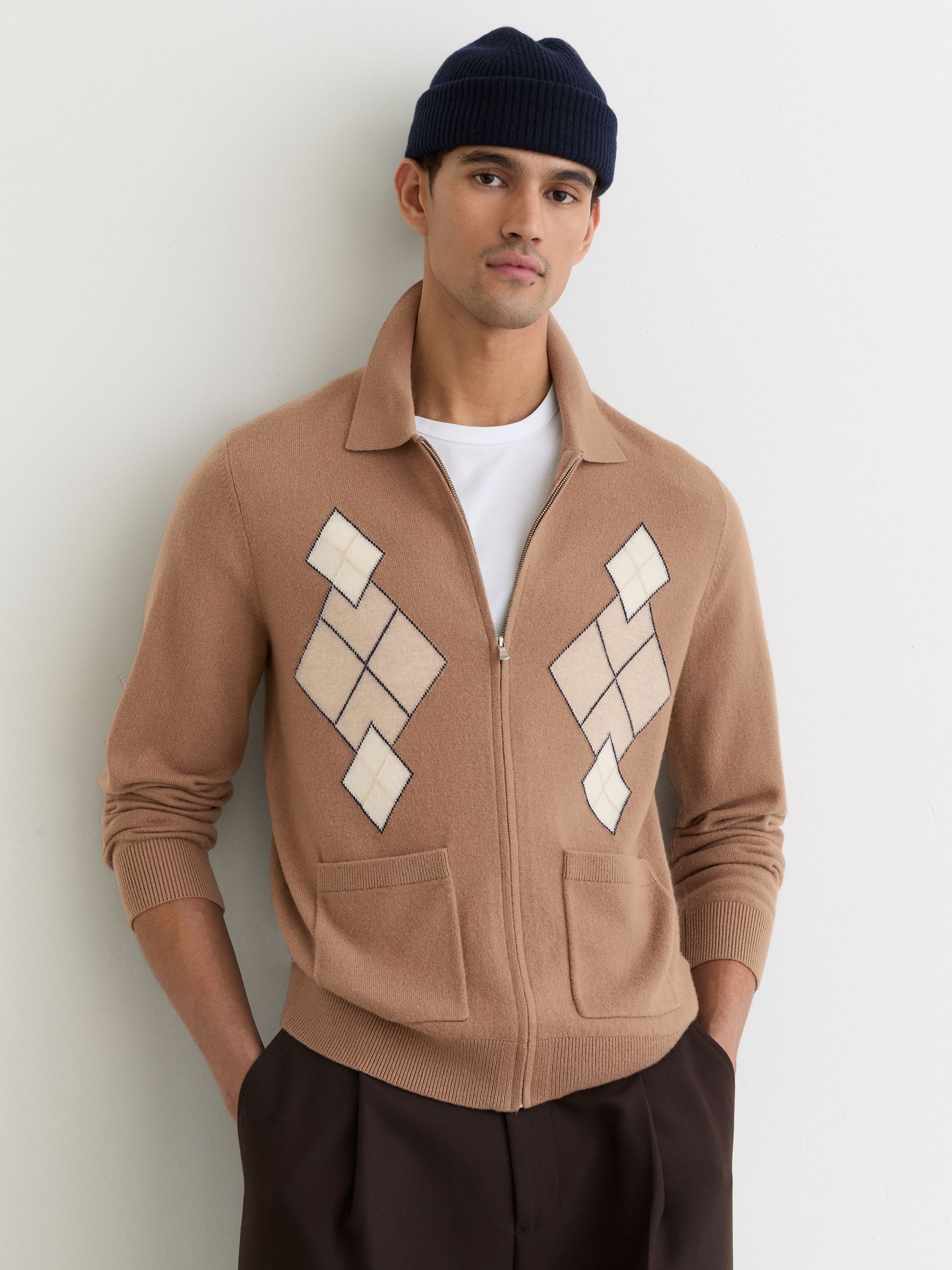 Wool Zip-Through Argyle Cardigan in Camel Brown (H62780) | £140