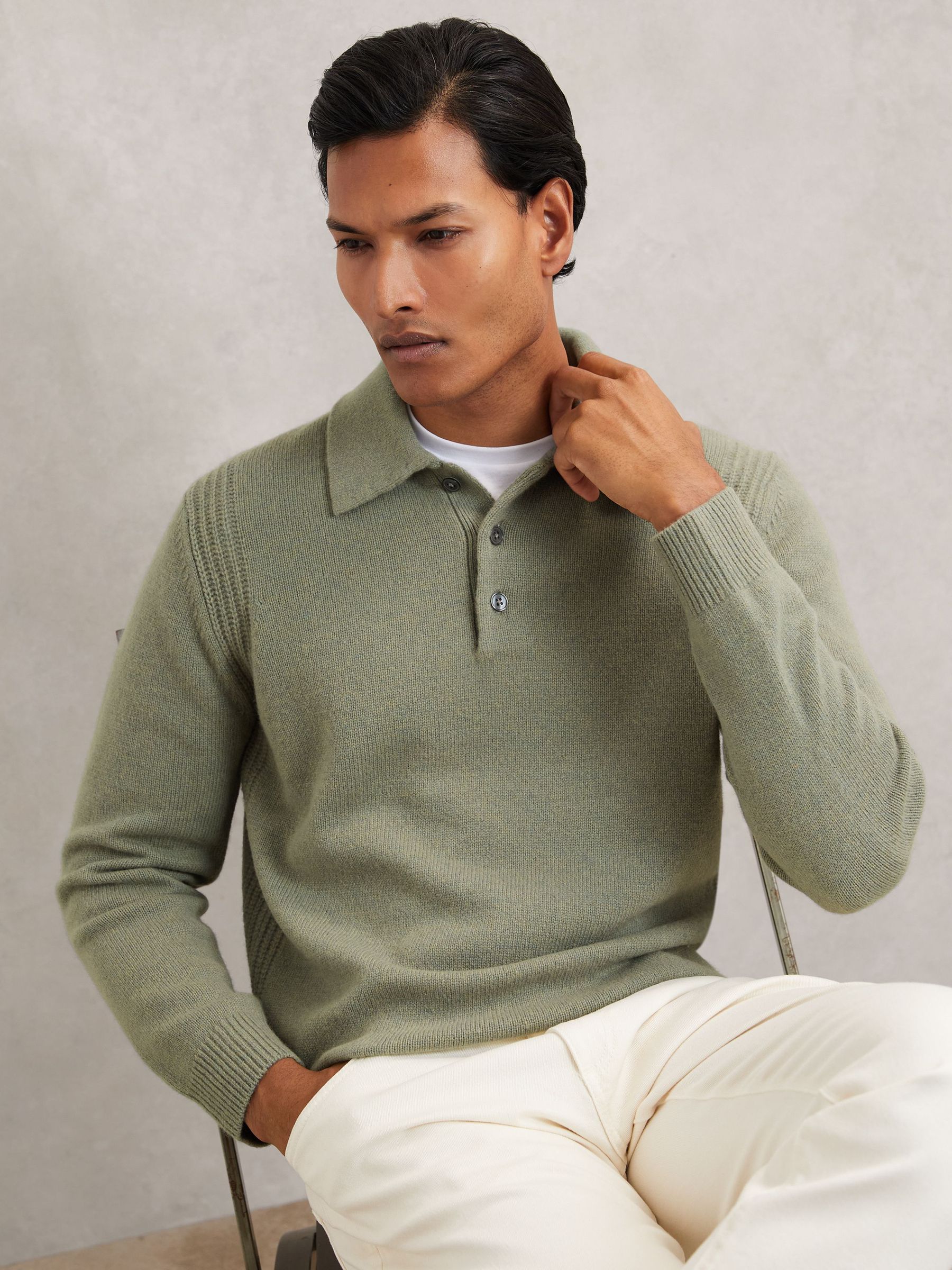 Wool-Blend Polo Jumper with Cashmere in Sage Green (H62786) | £138