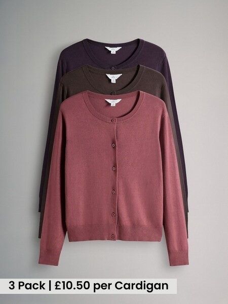 Plum/Dark Pink/Brown Fine Knit Button Through Cardigans 3 Pack (H63388) | £31.50