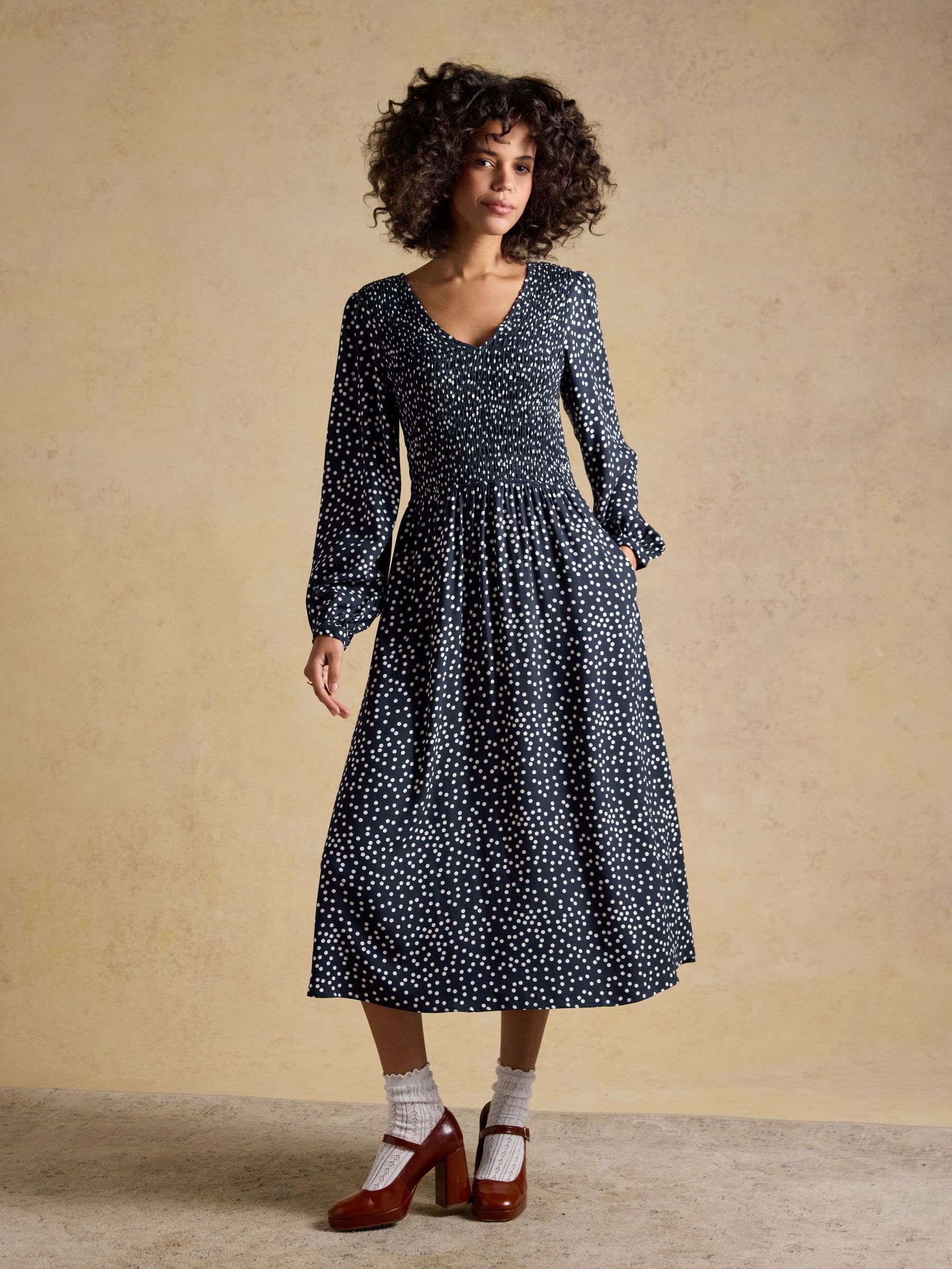 Liliana Navy Spot Shirred V-Neck Midi Dress