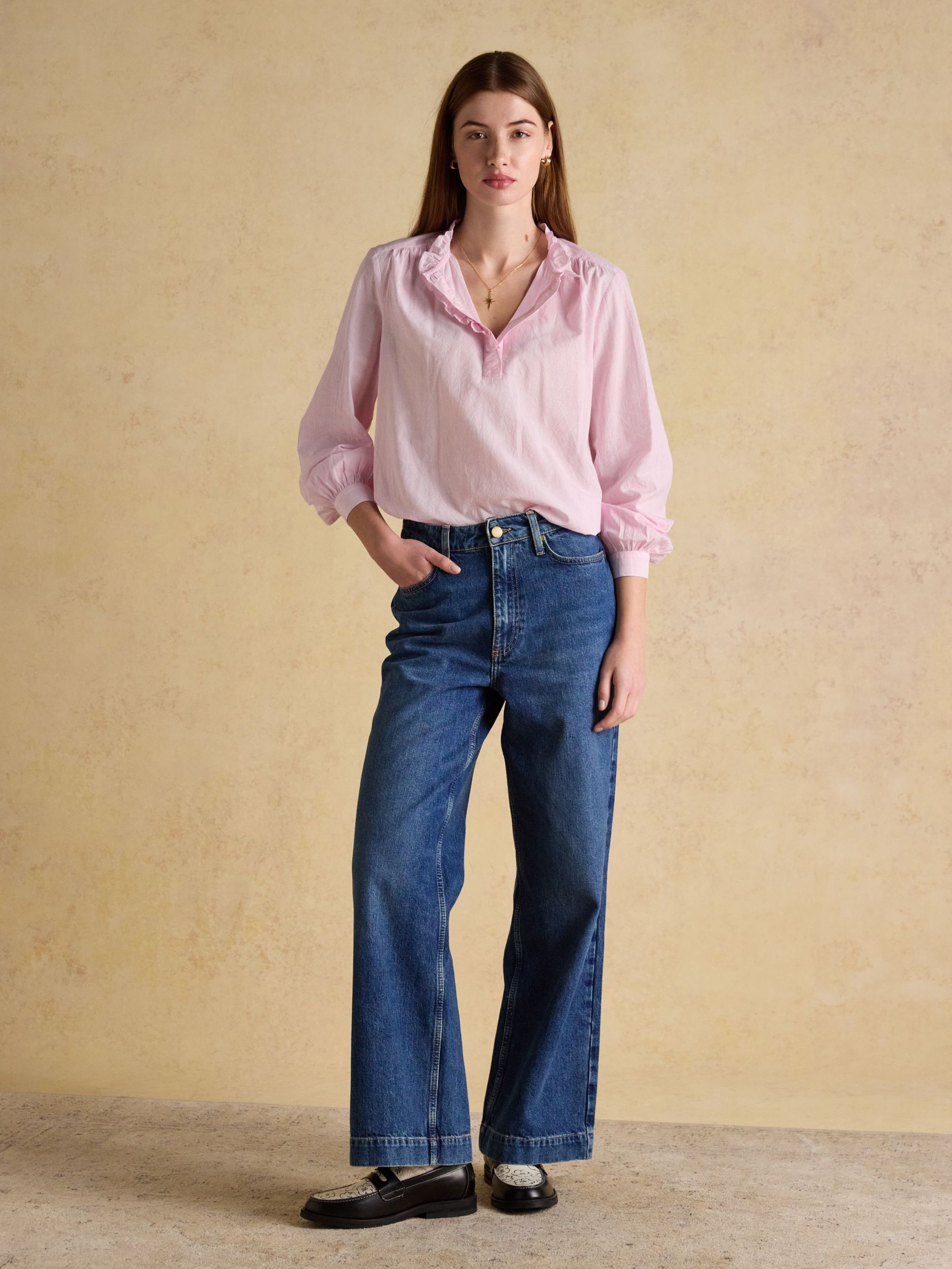 Melanie Pink Long Sleeve Blouse with Ruffle Neck