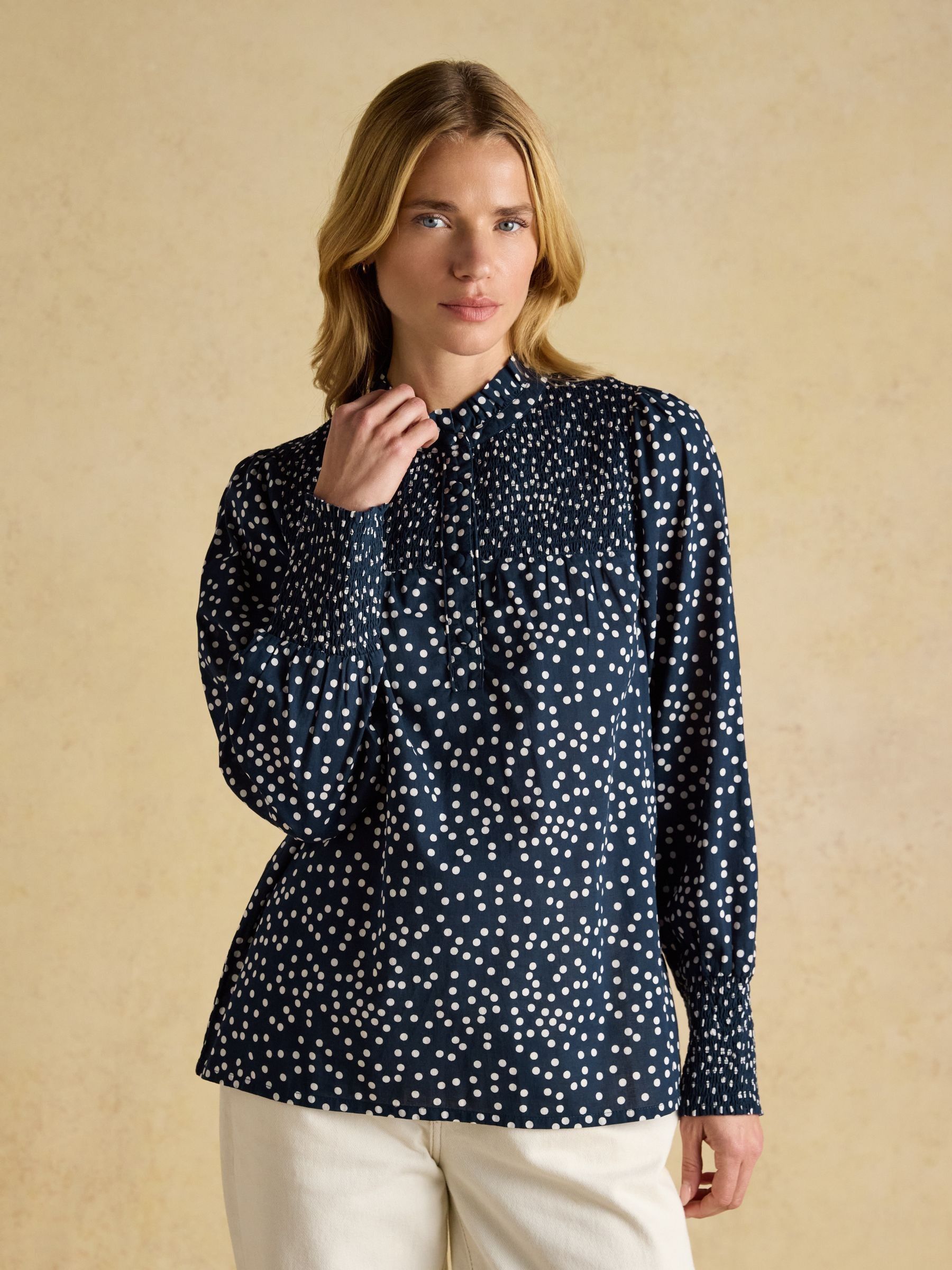Silvia Navy Polka Dot 100% Cotton Long Sleeve Blouse With Frill Neck
