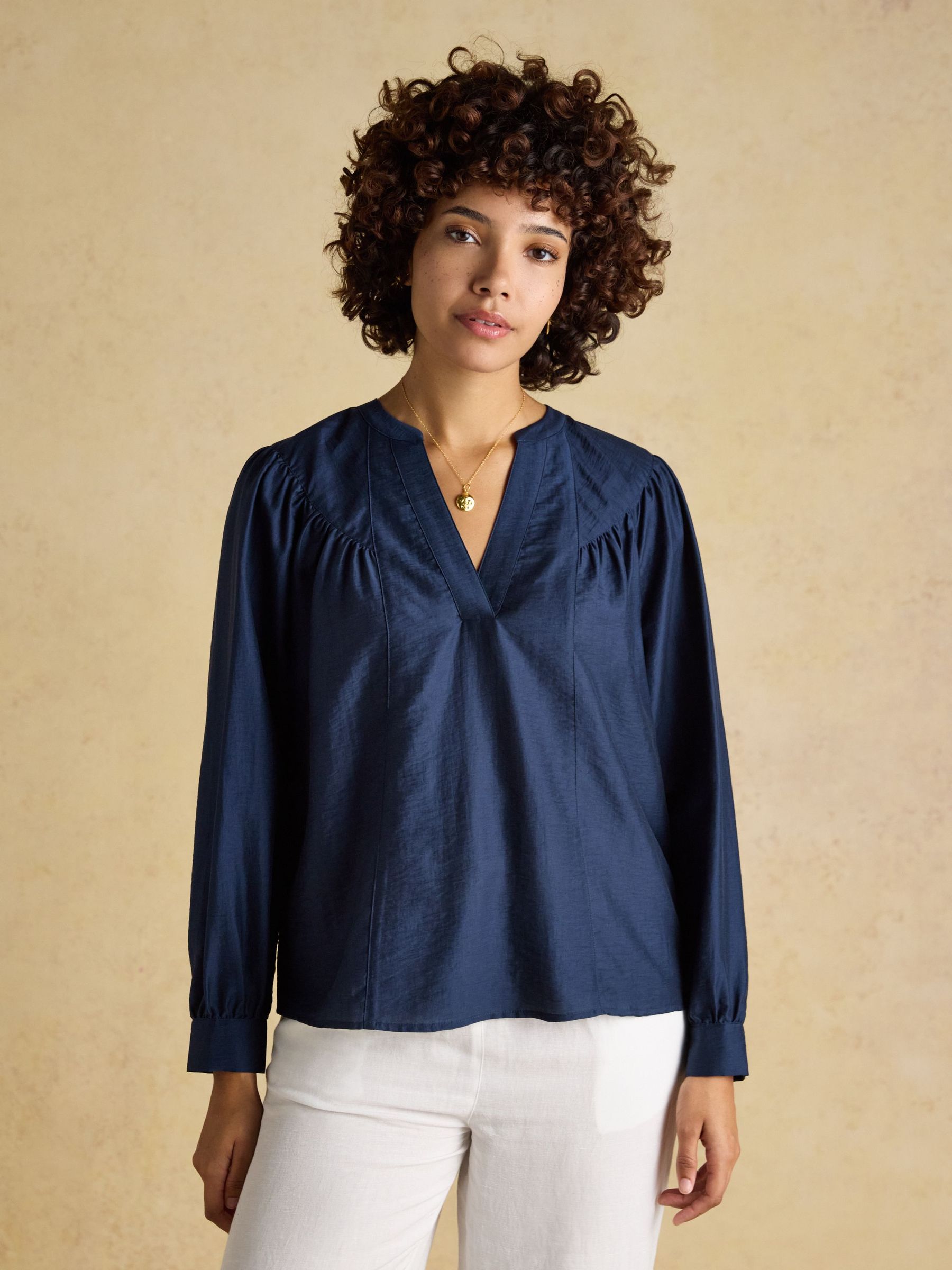 Rose Navy Long Sleeve V-Neck Blouse