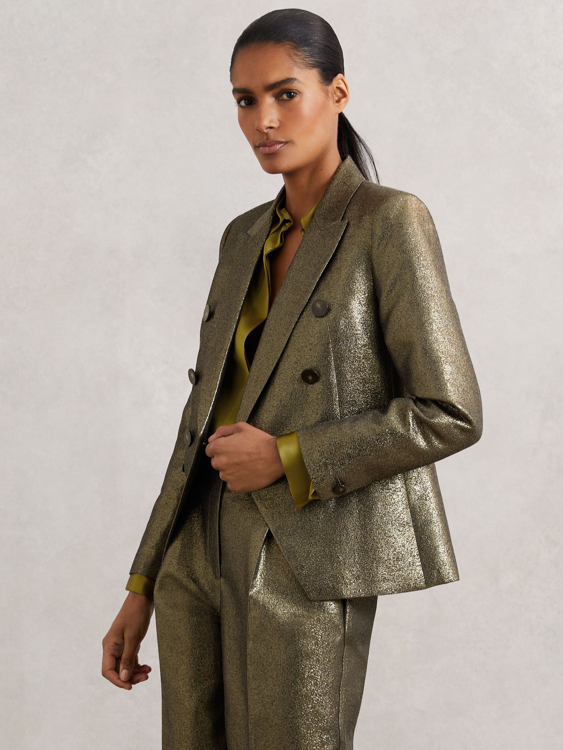 Petite Double-Breasted Metallic Suit Blazer with Cotton in Gold (H64306) | £250