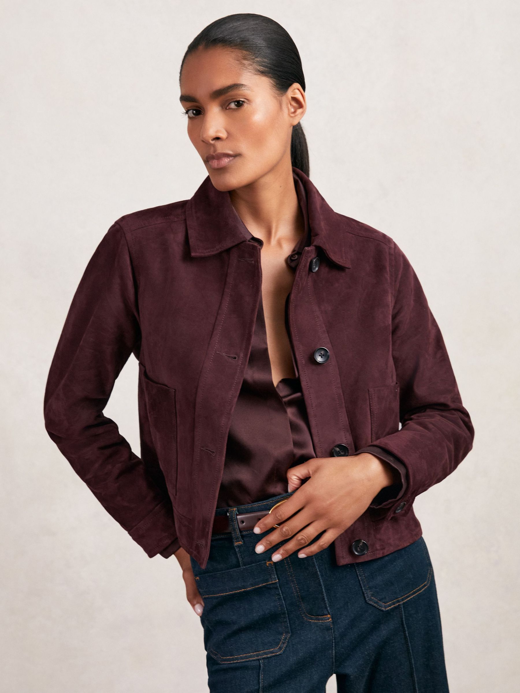 Suede Button Through Jacket in Burgundy (H64315) | £380