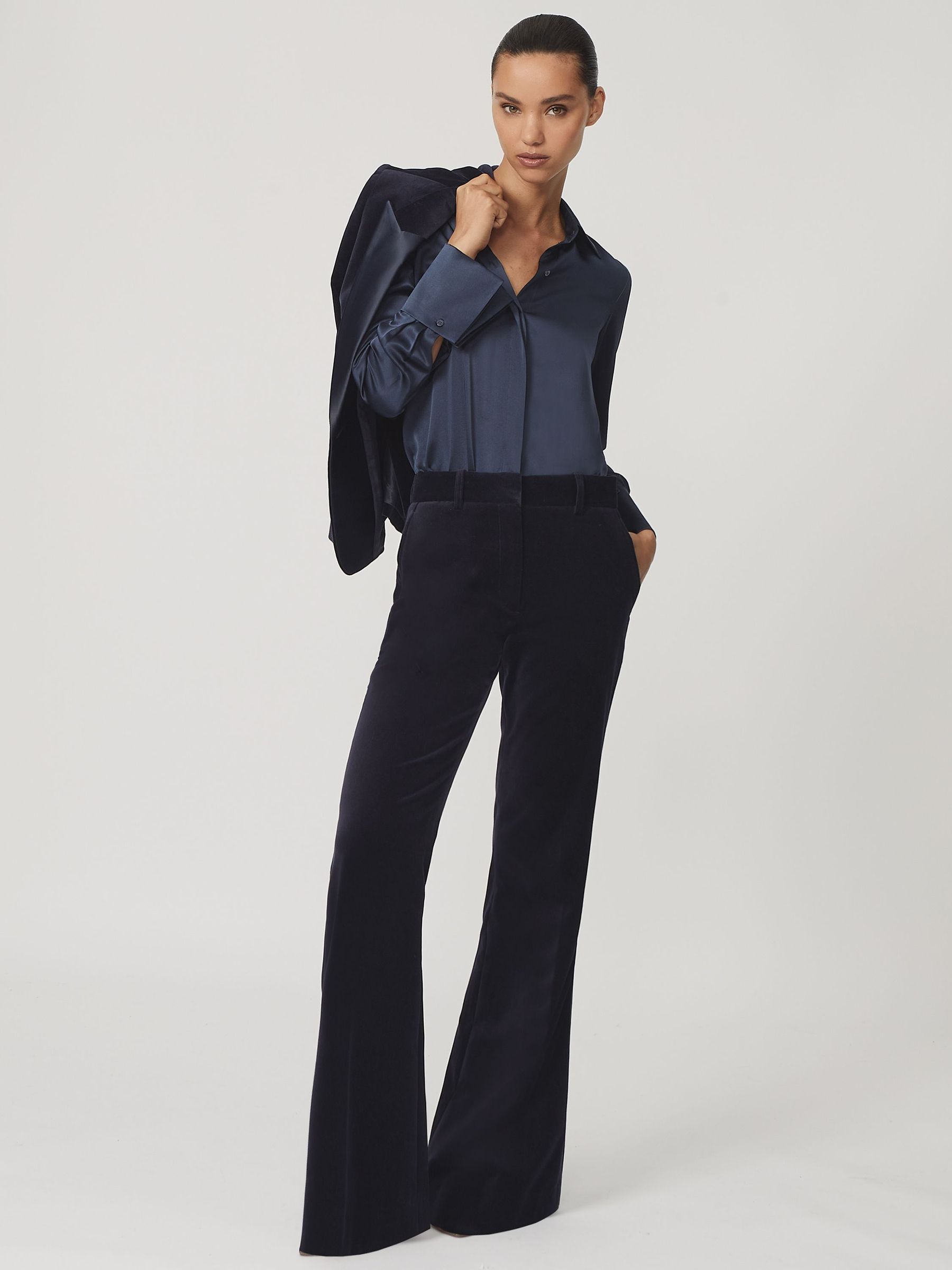 Petite Velvet Satin-Stripe Flared Trousers in Navy (H64322) | £180