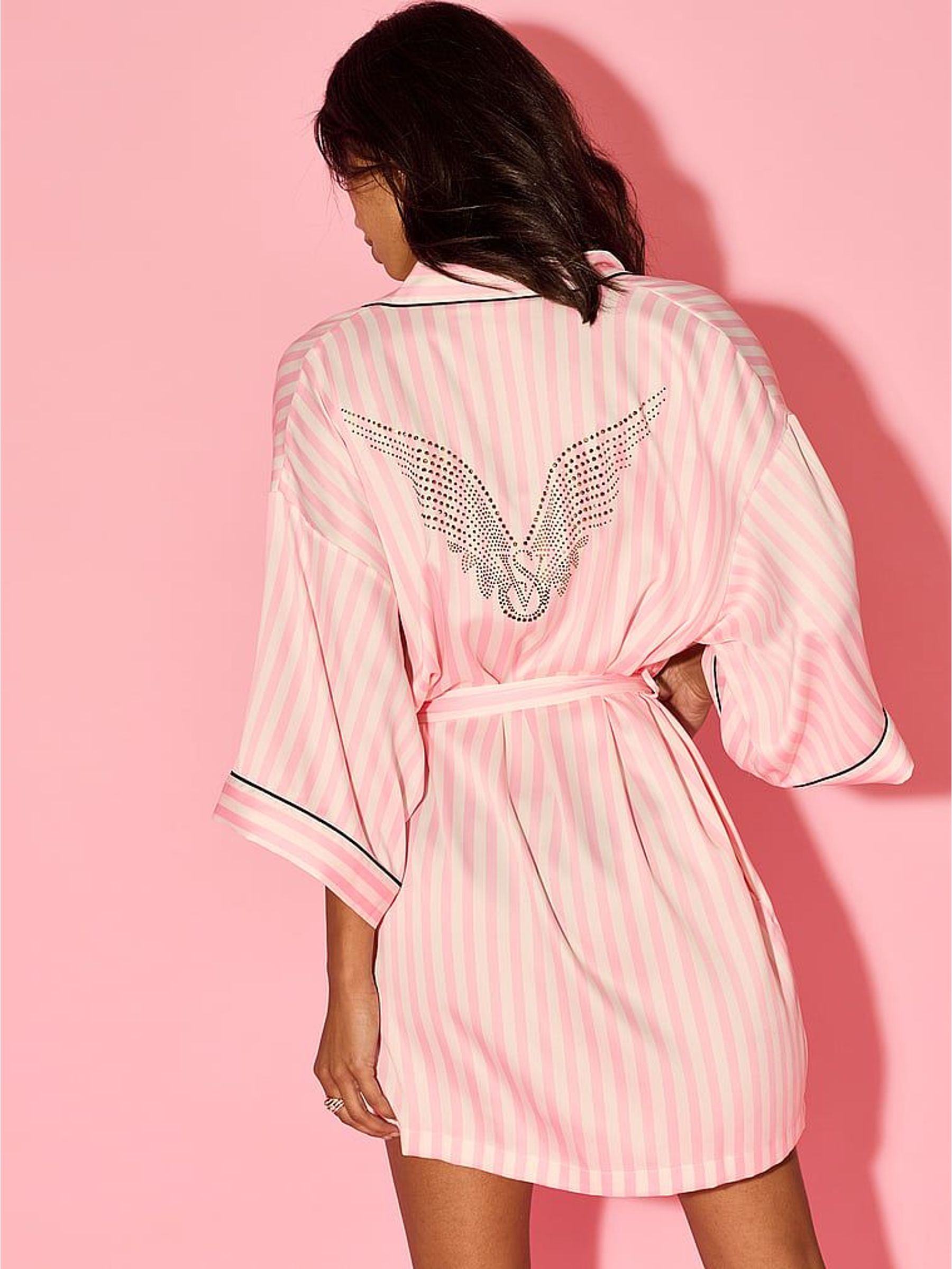 Pink Iconic Stripe Fashion Show Satin Short Piped Robe (H64744) | £49