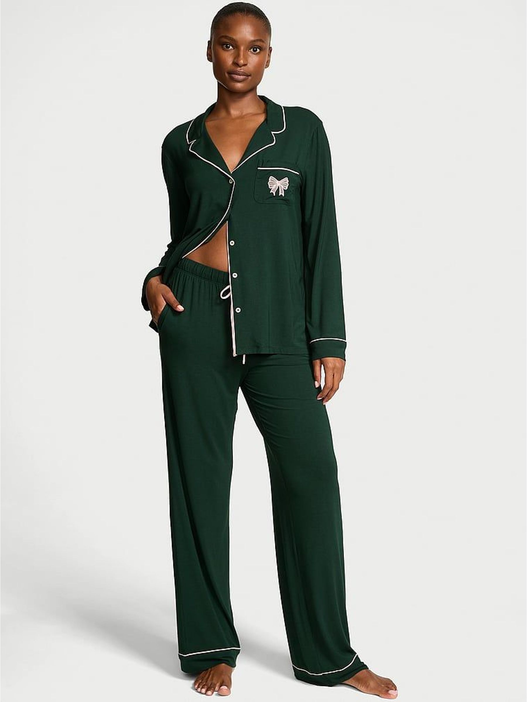 Cilantro Green Modal Bow Long Pyjamas Set (H64887) | £60
