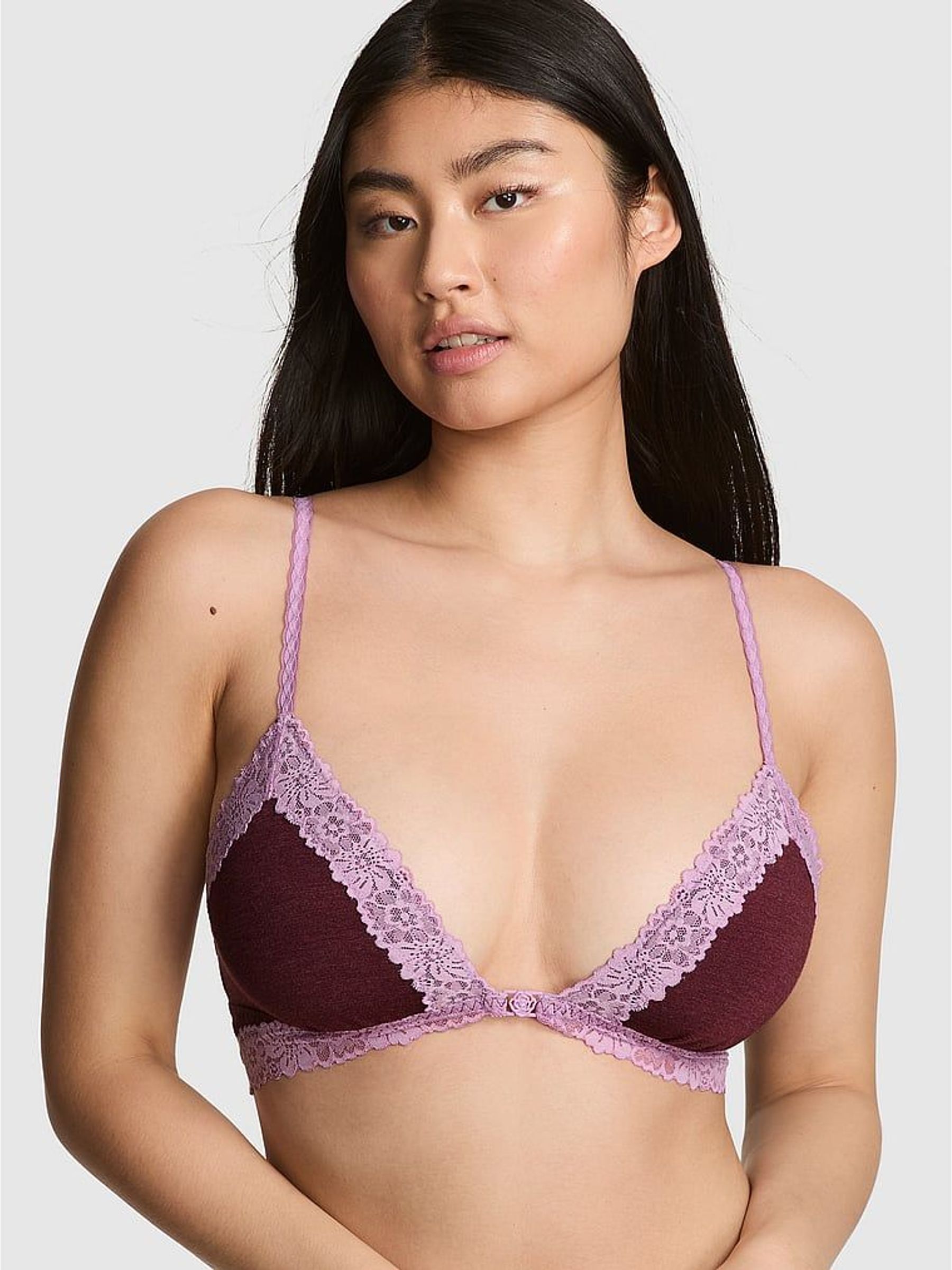 Burgandy Red Front Close Cotton Heather Lace Trim Bra (H64897) | £19