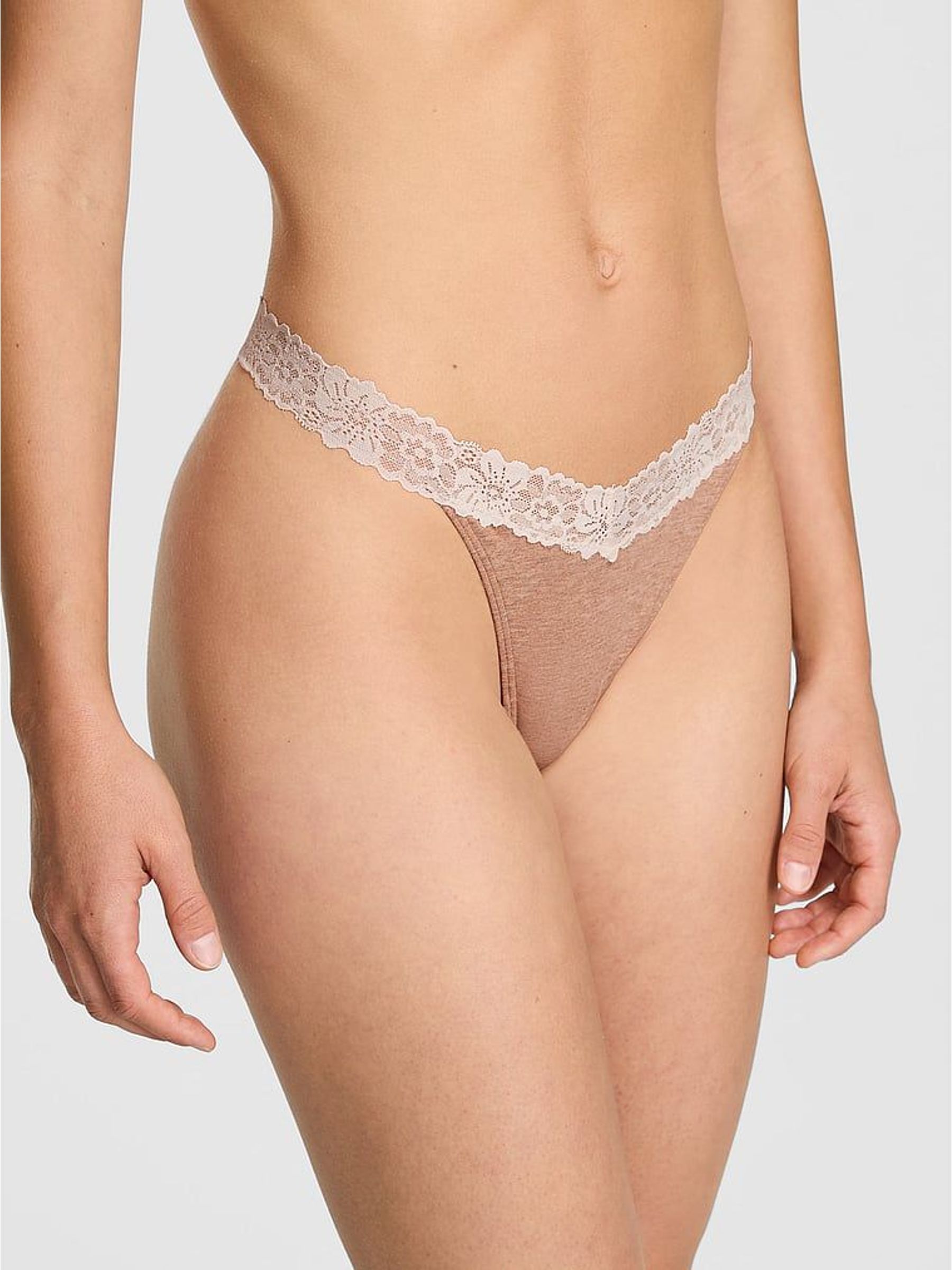 Praline Nude Thong Cotton Heather Lace Trim Knickers (H64907) | £9