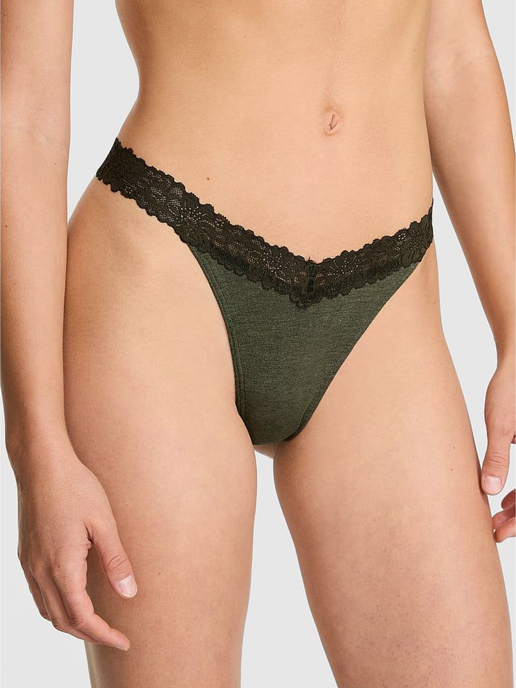 Forest Green Thong Cotton Heather Lace Trim Knickers (H64911) | £9