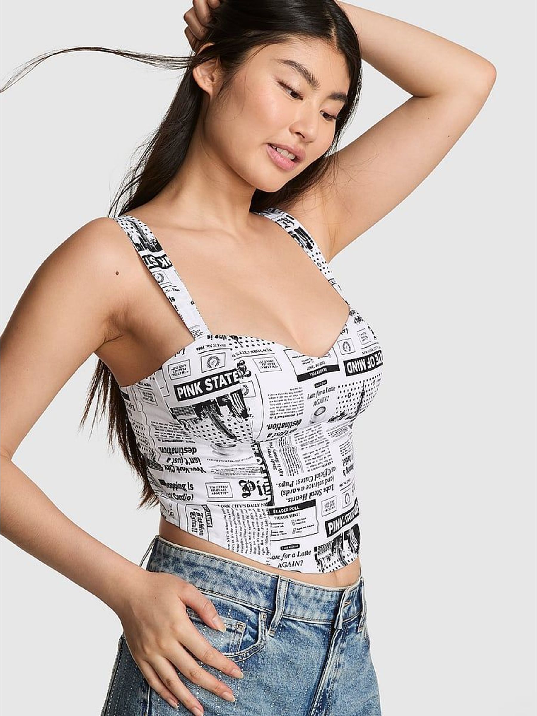 Black Newspaper Print Cropped Corset Top (H64912) | £36