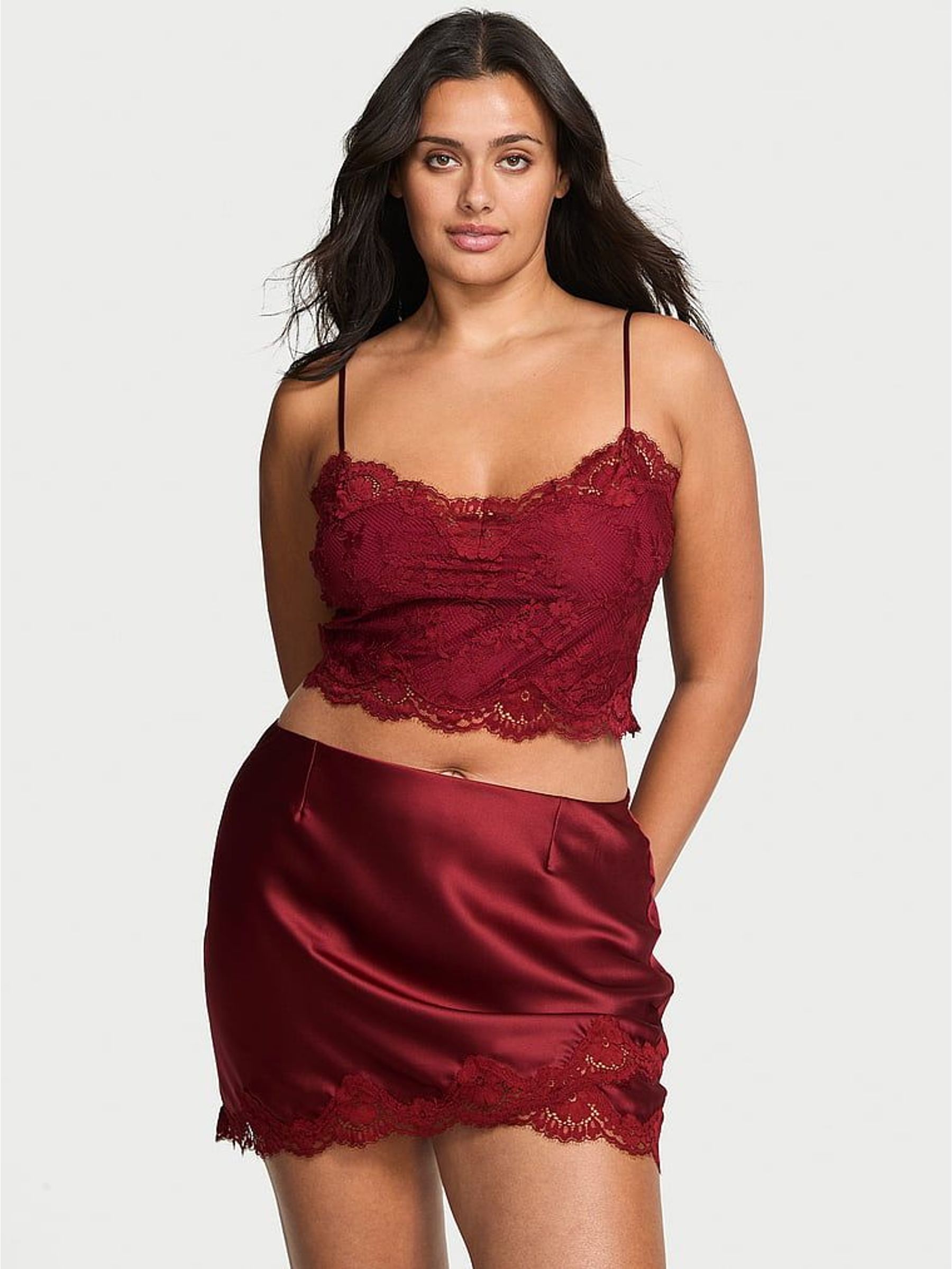 Sangria Red Satin Lace Cami and Mini Skirt Set (H64933) | £75