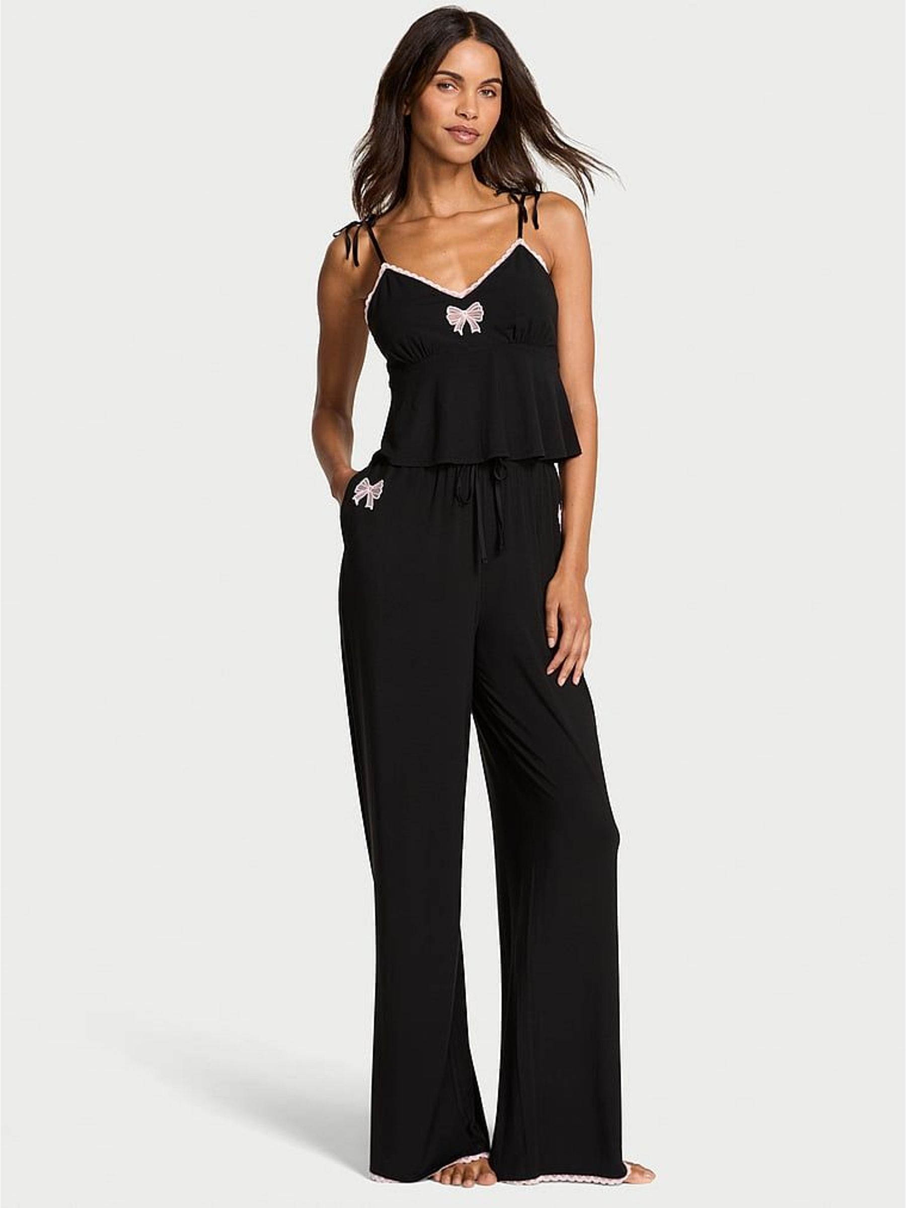 Black Modal Bow Cami & Wide Leg Trousers Set (H64939) | £69