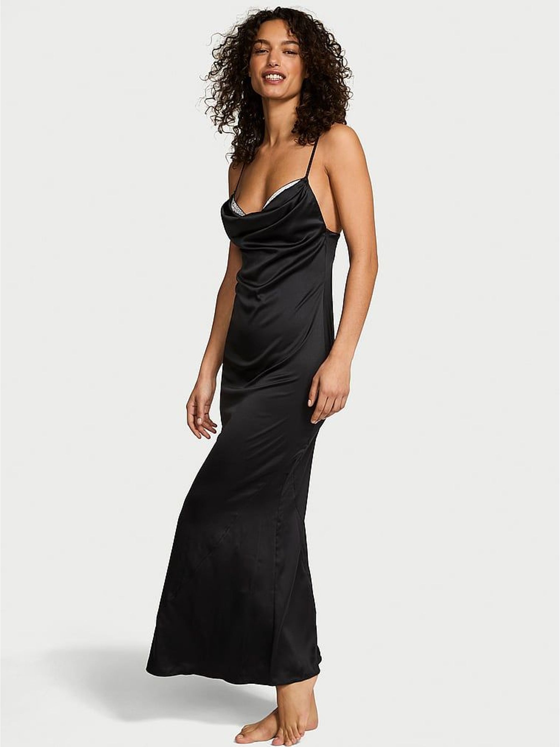 Black Satin Sparkle Draped Maxi Slip Dress (H64947) | £129