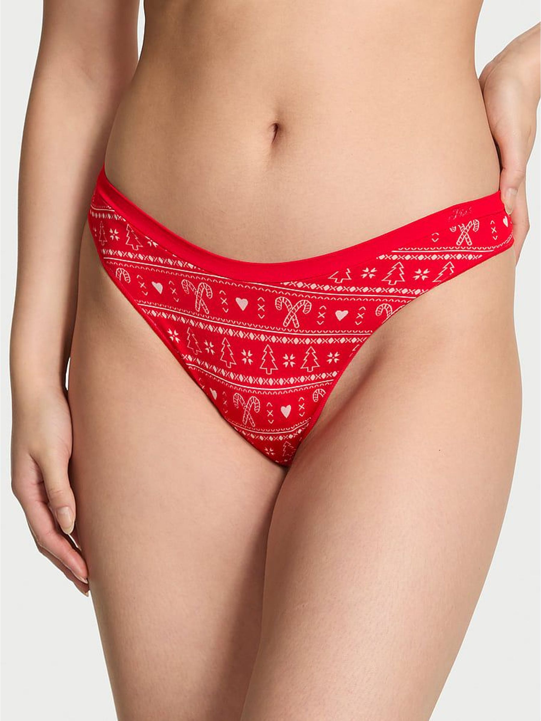 Bright Vermillion Red Christmas Fairisle Print Thong Seamless Knickers (H64954) | £10