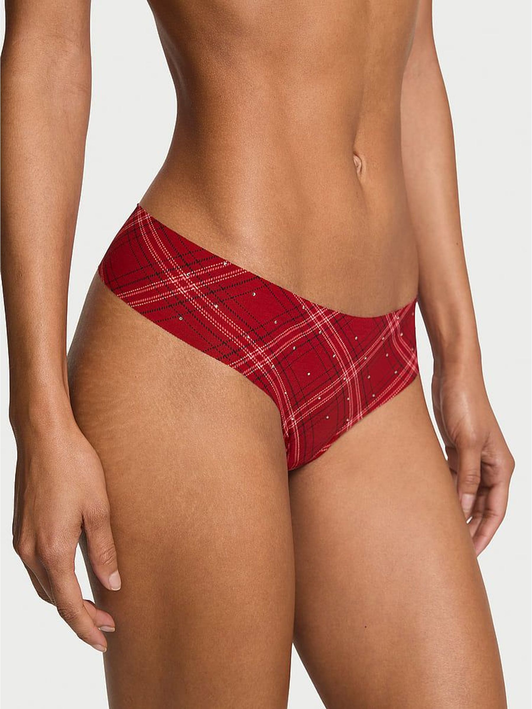Red Lacquer Tartan Thong Shine Mesh Knickers (H64981) | £10