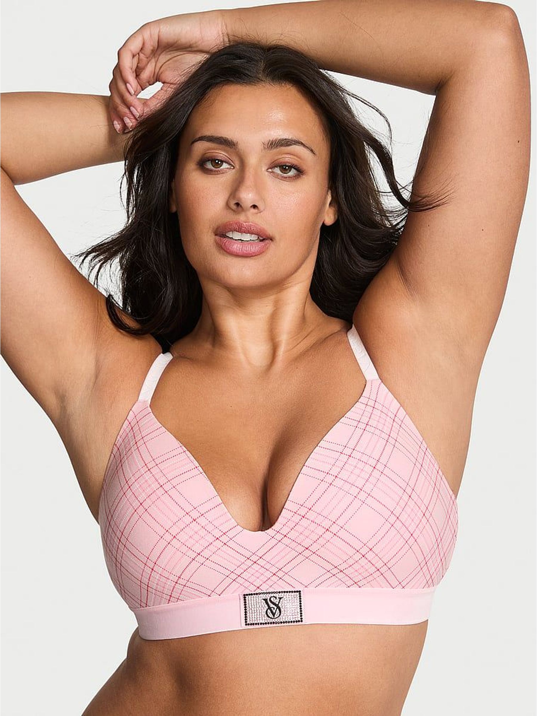 Pink Tartan Non Wired Lightly Lined Logo Shine Patch Velvet Bra (H64996) | £40