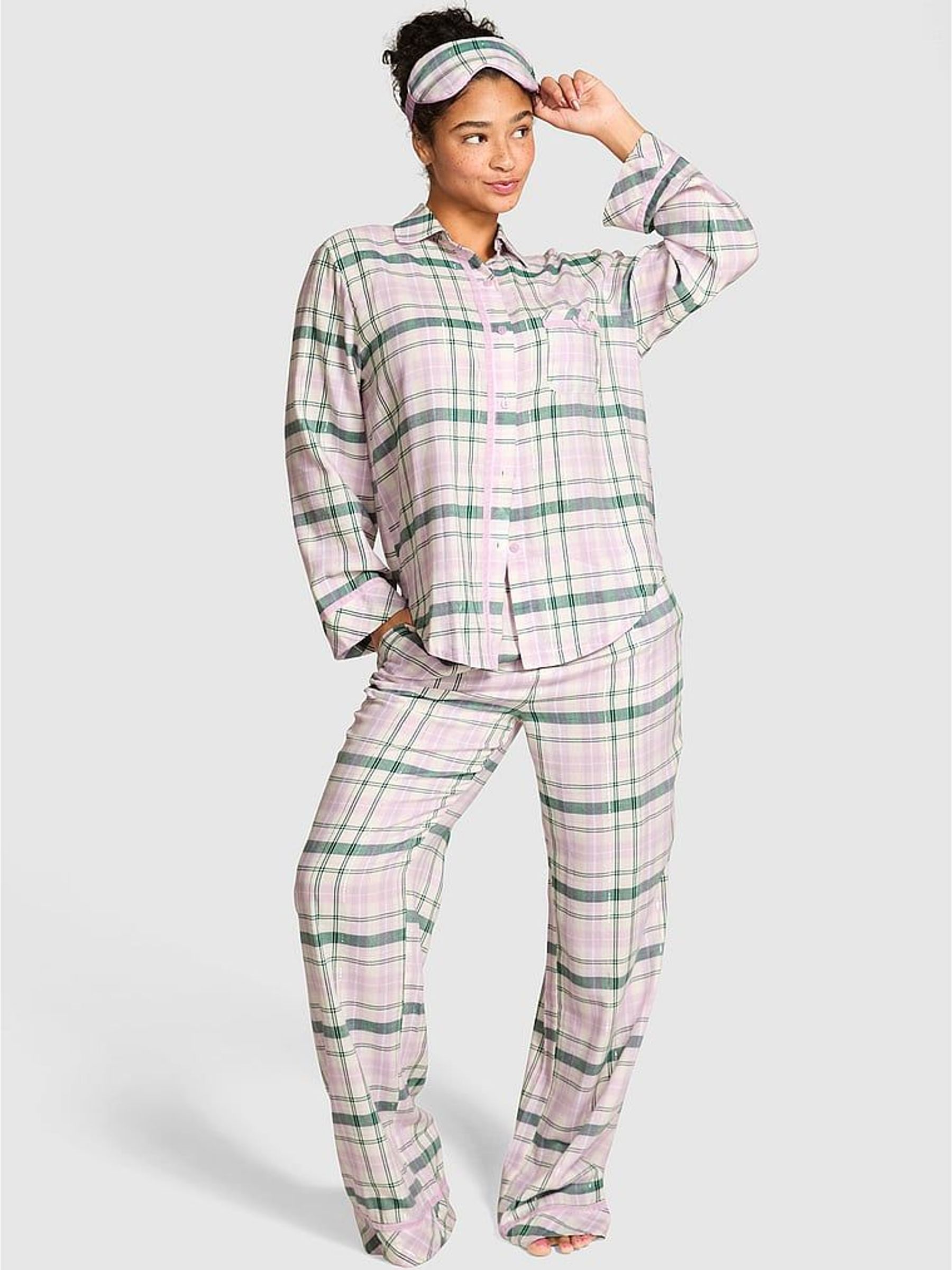 Hushed Lilac Purple Tartan Flannel Pyjamas and Eye Mask Gift Set (H65038) | £65