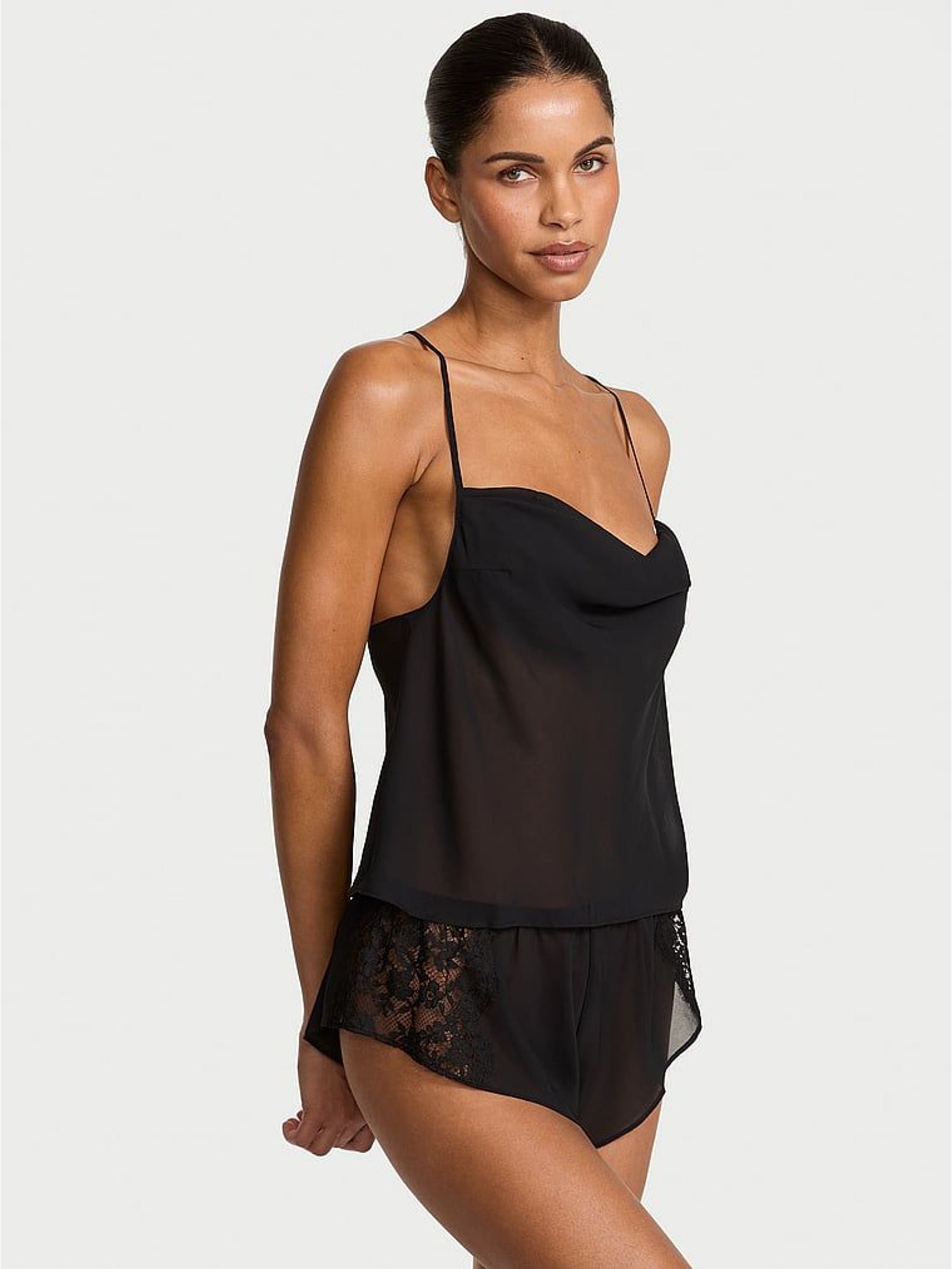 Black Chiffon & Lace Open Back Flutter Cami Set (H65209) | £69