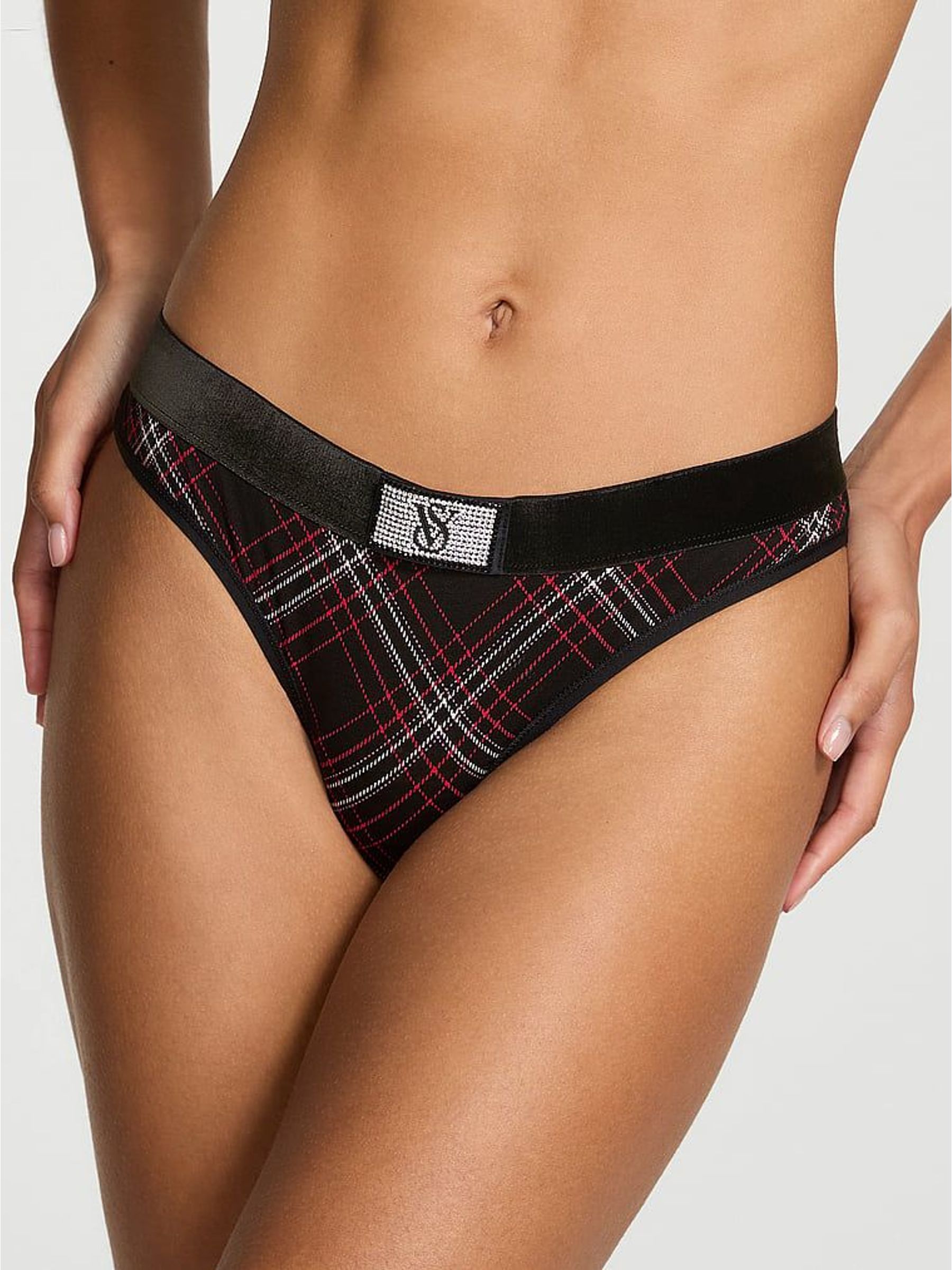 Black Tartan Thong Logo Shine Patch Velvet Knickers (H65305) | £9
