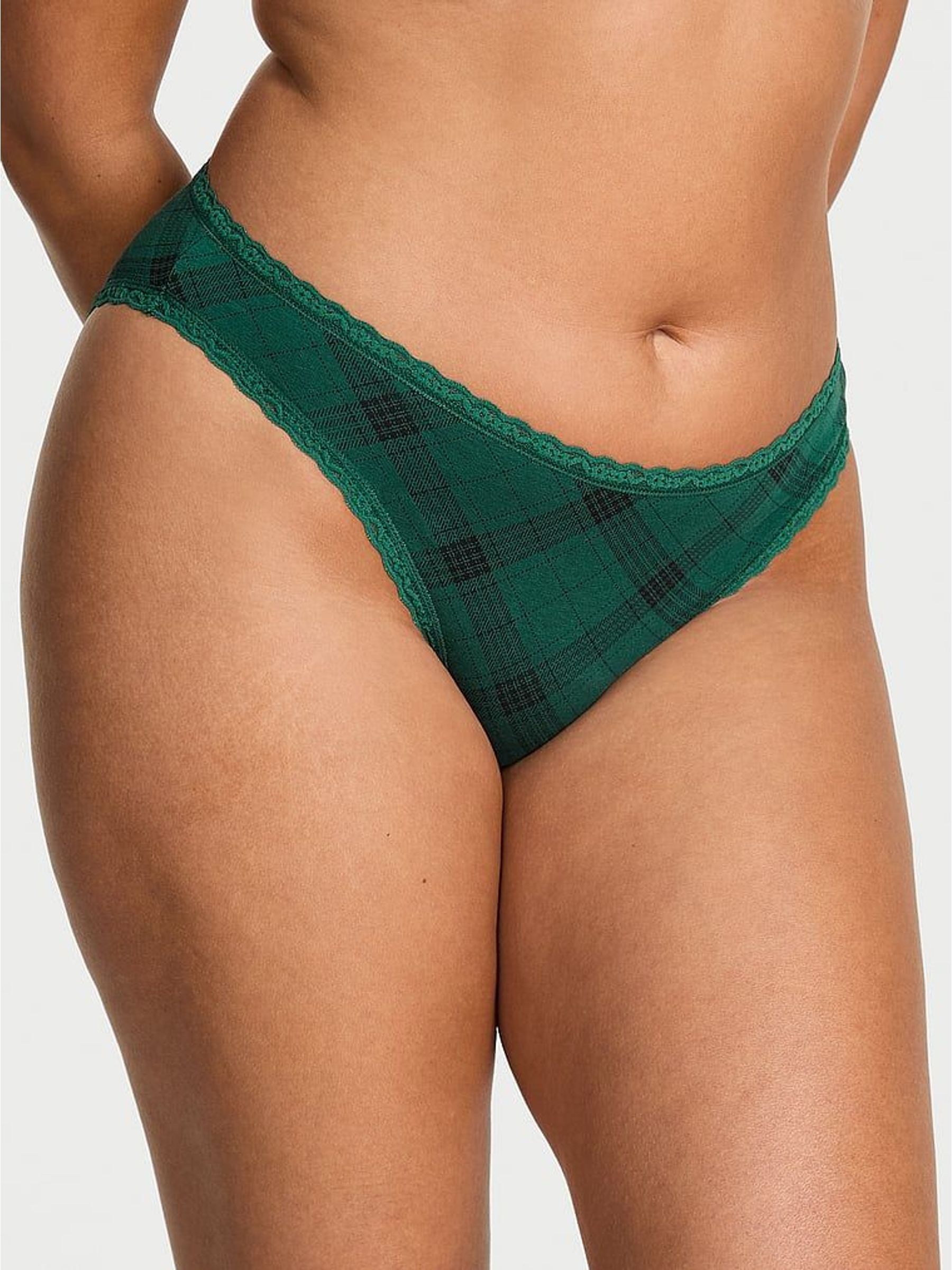 Clover Green Tartan Bikini Cotton Lace Trim Knickers (H65310) | £10